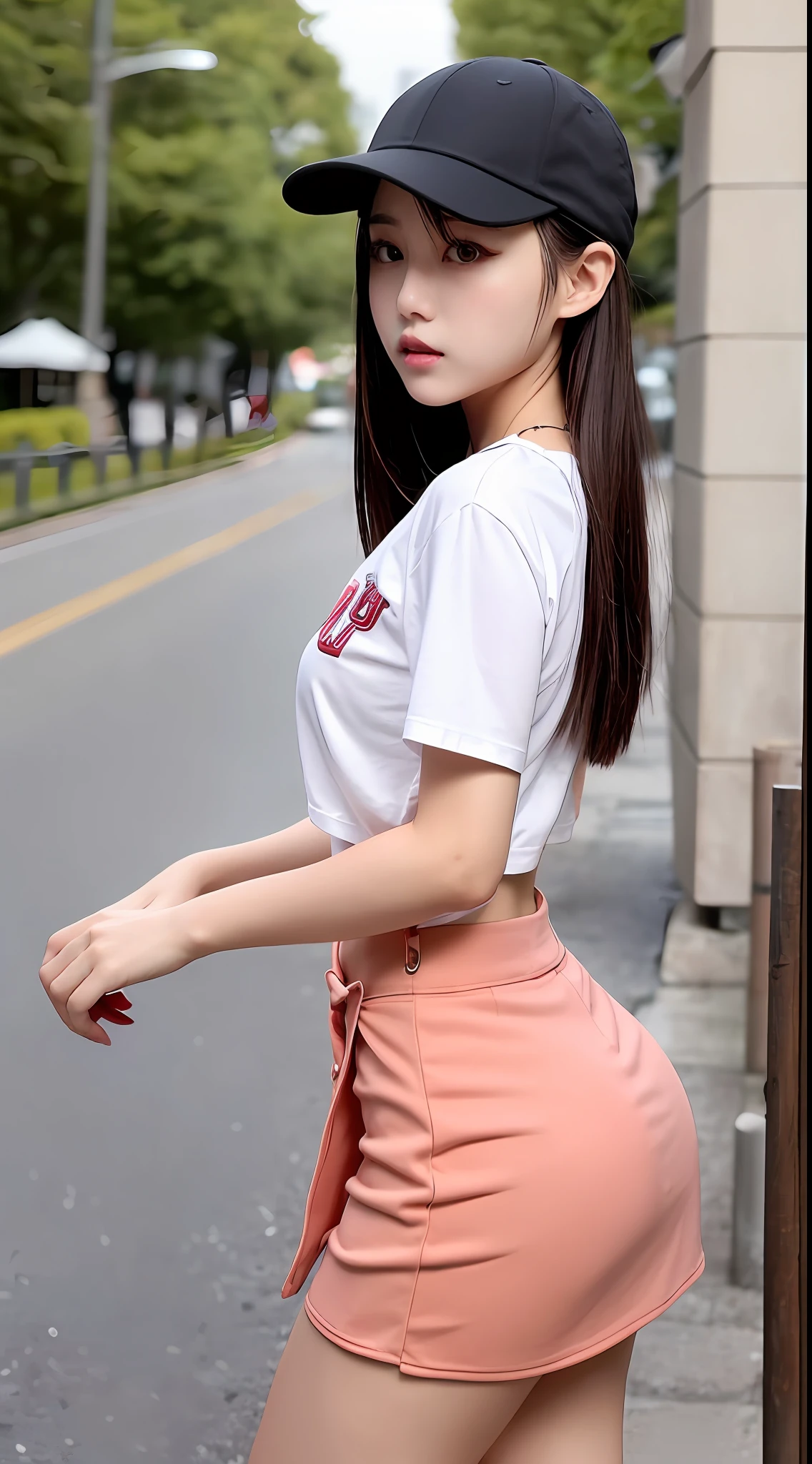 there is a woman that is looking out of a gate, young adorable korean face, Young and cute Asian face, young asian girl, A young Asian woman, Beautiful young Korean woman, wearing a baseball hat, portrait of a japanese teen, Young asian woman, Korean girl, wearing a cute hat, side portrait of cute girl, Chinese girl, Wearing a baseball cap。masterpaintings，Light makeup，Flaming red lips。ultrafine detailed，masterece-piece，Authentic texture，Cinematic lighting realism，perfect works，8K，Hi-Def，Delicate facial features。Wear a loose T-shirt on the upper body，The lower body is wearing a pleated skirt，Thigh tie。Pear-shaped body。Rounded buttocks，Slender little man's waist，Perfect waist-hip ratio。