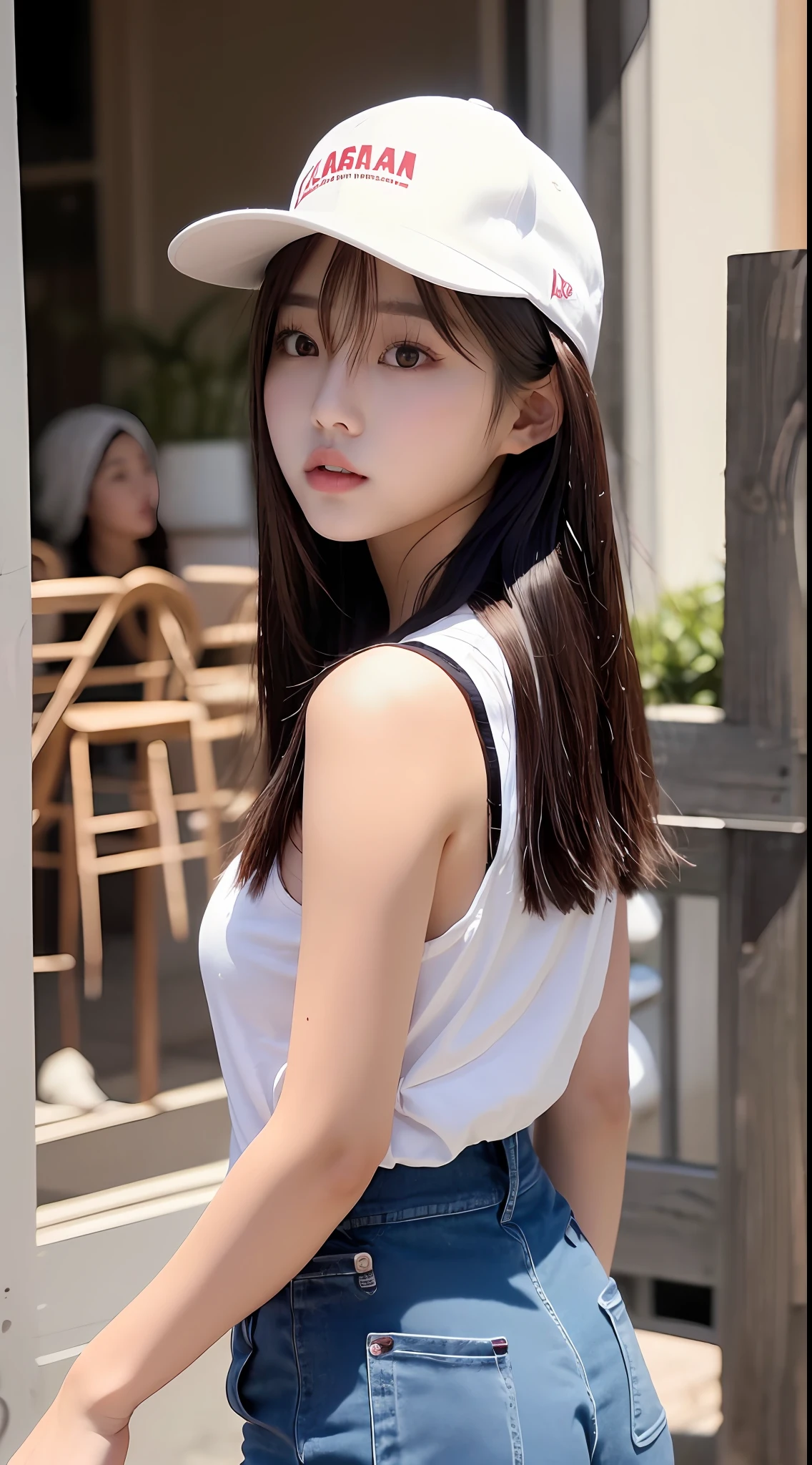 there is a woman that is looking out of a gate, young adorable korean face, Young and cute Asian face, young asian girl, A young Asian woman, Beautiful young Korean woman, wearing a baseball hat, portrait of a japanese teen, Young asian woman, Korean girl, wearing a cute hat, side portrait of cute girl, Chinese girl, Wearing a baseball cap。masterpaintings,Light makeup,Flaming red lips。ultrafine detailed,masterece-piece,Authentic texture,Cinematic lighting realism,perfect works,8K,Hi-Def,Delicate facial features。Wear a loose T-shirt on the upper body,The lower body is wearing a pleated skirt,Thigh tie。Pear-shaped body。Rounded buttocks,Slender little man's waist,Perfect waist-hip ratio。