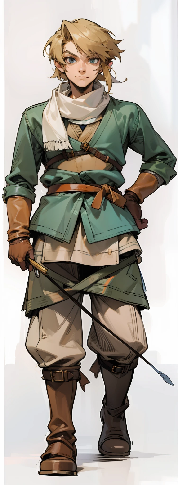(Link:1)(Warrior:1), (adult man:1.33), standing, full body, leather boots, beige pants, gloves , (narrow eyebrows:0.33), (confident:1.6), (smiling:0.6), (clenching fists:0.33), scarf, holding riding crop, (smug:0.3), (devious:0.15)
