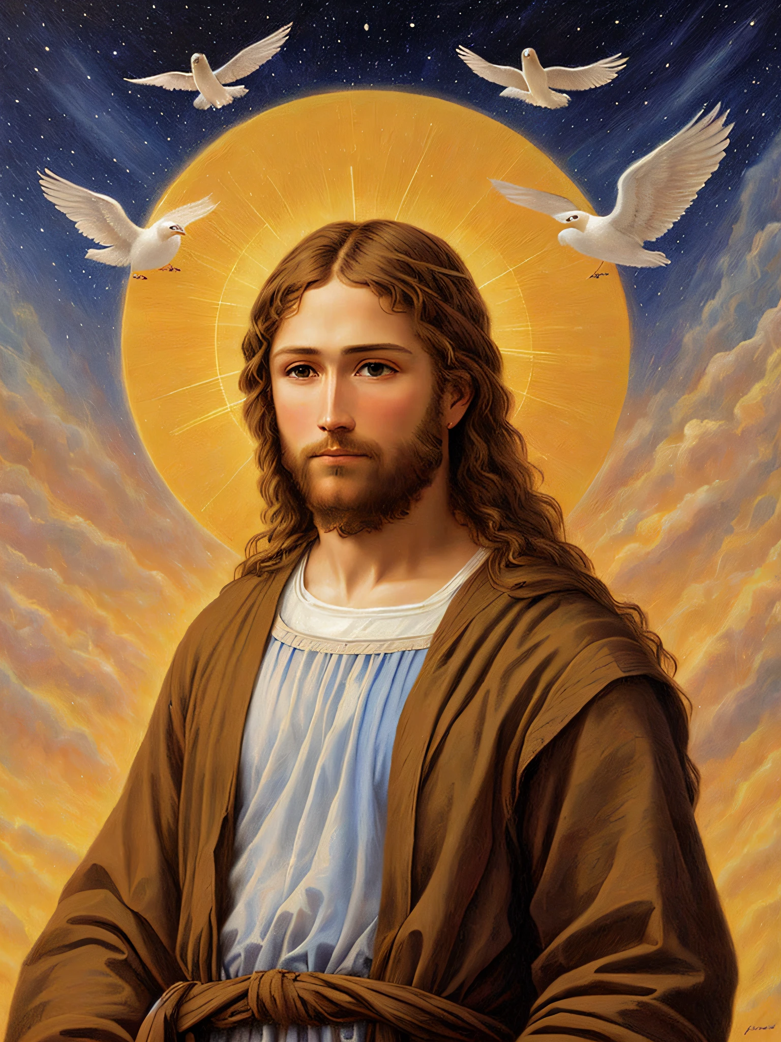 Jesus Christ,hightquality,highly - detailed,(Celestial beings),painting of a,Greg Olsen's style