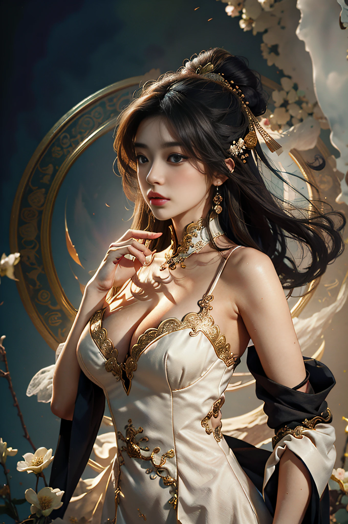 Zhong Fenghua， 1girl huge large breasts， （Whole human body） 独奏， Hanfu， flowers fields， blossom flower， （White smoke：1.3） （pphotorealistic：1.4），A coquettish expression，Bow your head shyly，Fawn rammed，Detailed expressions，The tension of love coming，disheveled hair，nmasterpiece，Absurde，Shy， Zen entanglement， a Mandala， entangled， offcial art， Unity 8k wallpaper， Ultra-detailded， Beautiful and beautiful， nmasterpiece，optimal quality， （dynamic angle：1.4）， Glowing skin， （Floating colorful flashes：1）The most beautiful forms of chaos，elegantly，Fauvistdesign，vividcolor，Romantic depth of field，ultra-high-resolution