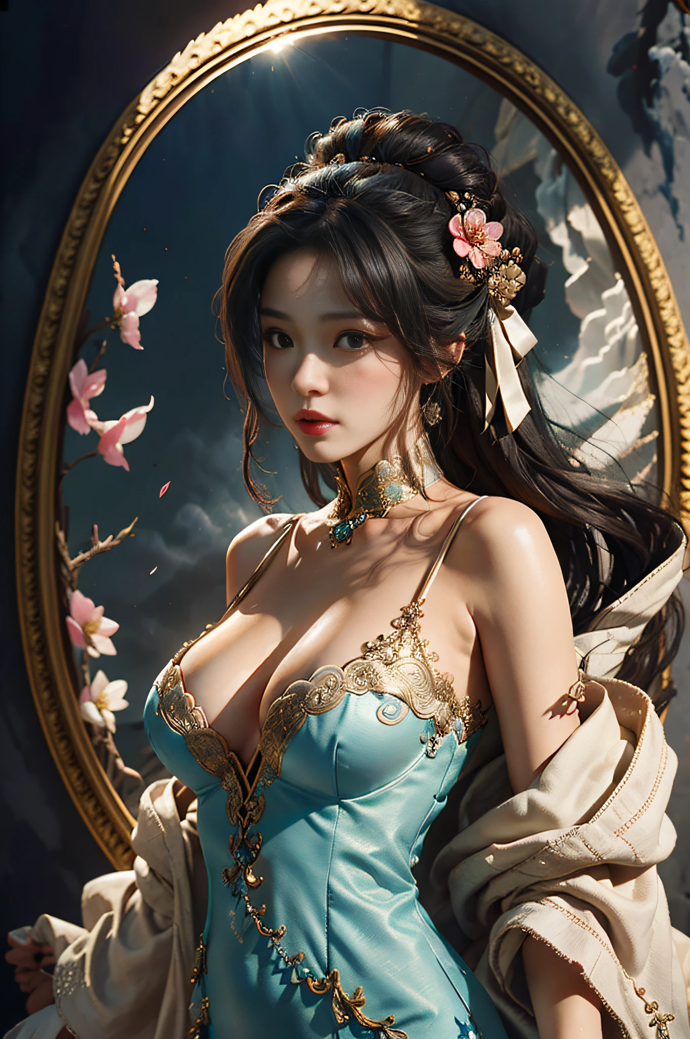 Zhong Fenghua, 1girl huge large breasts, (Whole human body) 独奏, Hanfu, flowers fields, blossom flower, (White smoke:1.3) (pphotorealistic:1.4),A coquettish expression,Bow your head shyly,Fawn rammed,Detailed expressions,The tension of love coming,disheveled hair,nmasterpiece,Absurde,Shy, Zen entanglement, a Mandala, entangled, offcial art, Dress modestly,Not exposed,Unity 8k wallpaper, Ultra-detailded, Beautiful and beautiful, nmasterpiece,optimal quality,(dynamic angle:1.4),Glowing skin,(Floating colorful flashes:1)The most beautiful forms of chaos,elegantly,Fauvistdesign,vividcolor,Romantic depth of field,ultra-high-resolution
