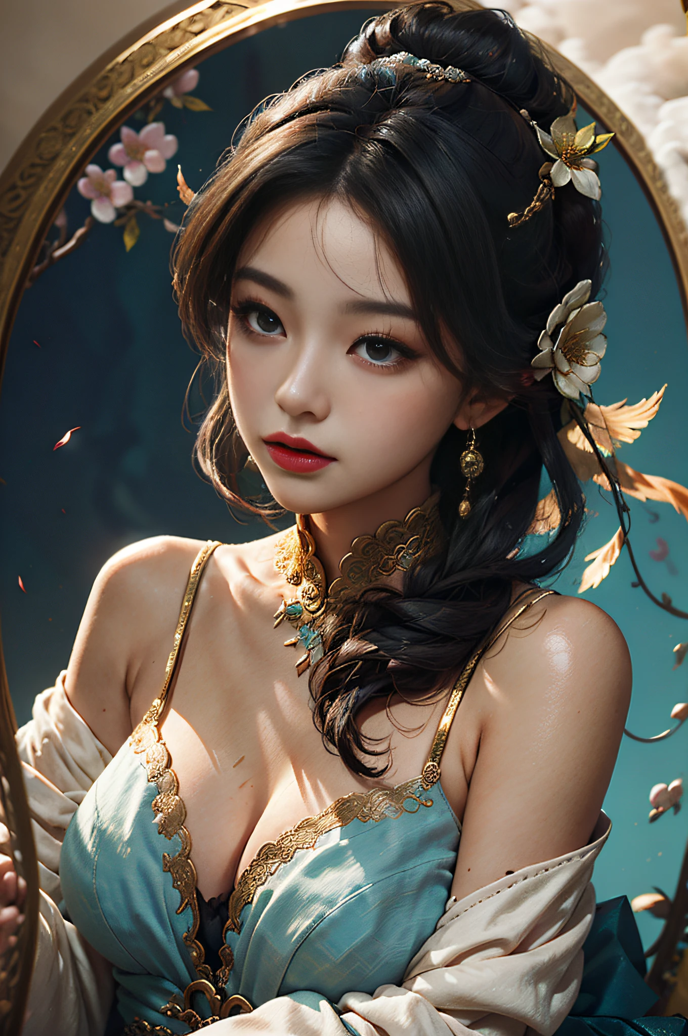 Zhong Fenghua, 1girl huge large breasts, (Whole human body) 独奏, Hanfu, flowers fields, blossom flower, (White smoke:1.3) (pphotorealistic:1.4),A coquettish expression,Bow your head shyly,Fawn rammed,Detailed expressions,The tension of love coming,disheveled hair,nmasterpiece,Absurde,Shy, Zen entanglement, a Mandala, entangled, offcial art, Unity 8k wallpaper, Ultra-detailded, Beautiful and beautiful, nmasterpiece,optimal quality, (dynamic angle:1.4), Glowing skin, (Floating colorful flashes:1)The most beautiful forms of chaos,elegantly,Fauvistdesign,vividcolor,Romantic depth of field,ultra-high-resolution