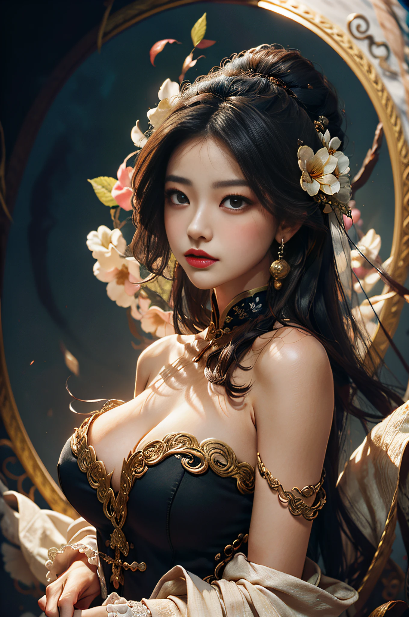 Zhong Fenghua， 1girl huge large breasts， （Whole human body） 独奏， Hanfu， flowers fields， blossom flower， （White smoke：1.3） （pphotorealistic：1.4），A coquettish expression，Bow your head shyly，Fawn rammed，Detailed expressions，The tension of love coming，disheveled hair，nmasterpiece，Absurde，Shy， Zen entanglement， a Mandala， entangled， offcial art， Unity 8k wallpaper， Ultra-detailded， Beautiful and beautiful， nmasterpiece，optimal quality， （dynamic angle：1.4）， Glowing skin， （Floating colorful flashes：1）The most beautiful forms of chaos，elegantly，Fauvistdesign，vividcolor，Romantic depth of field，ultra-high-resolution