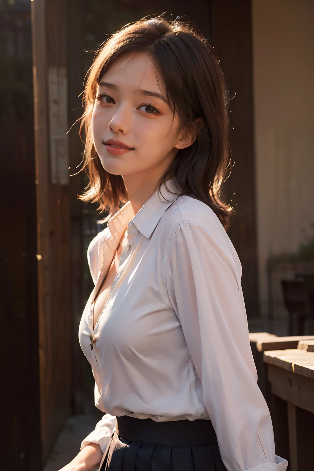 best quality, masterpiece, (photorealistic:1.4), 1girl, light smile, school uniform, big breast, cleavage, waist up, dramatic lighting,in the park of school playing game