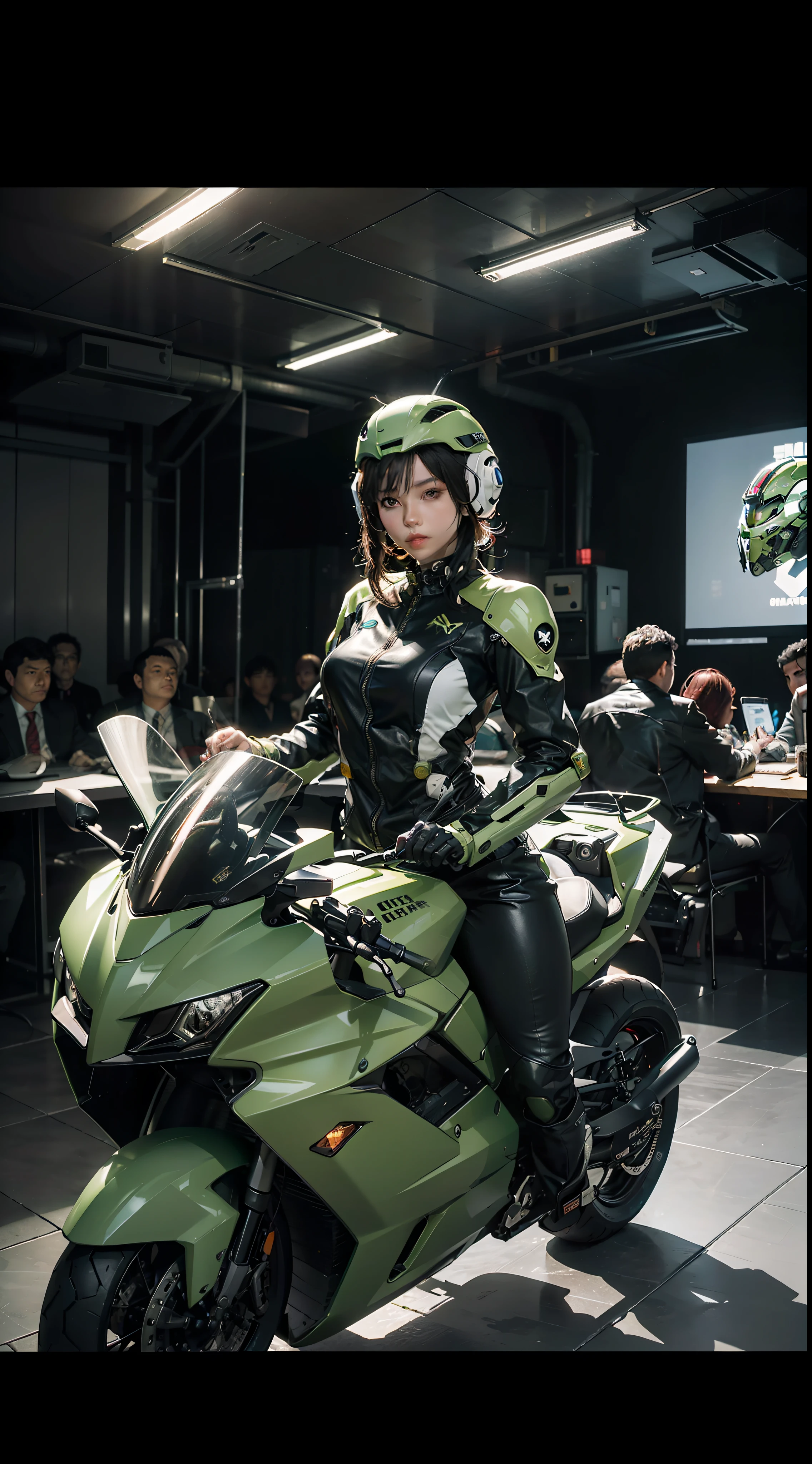 Highest image quality, outstanding details, ultra-high resolution, (realism: 1.4), the best illustration, favor details, highly condensed 1girl, with a delicate and beautiful face, dressed in a black and green mecha, wearing a mecha helmet, holding a directional controller, riding on a motorcycle, the background is a high-tech lighting scene of the future city.