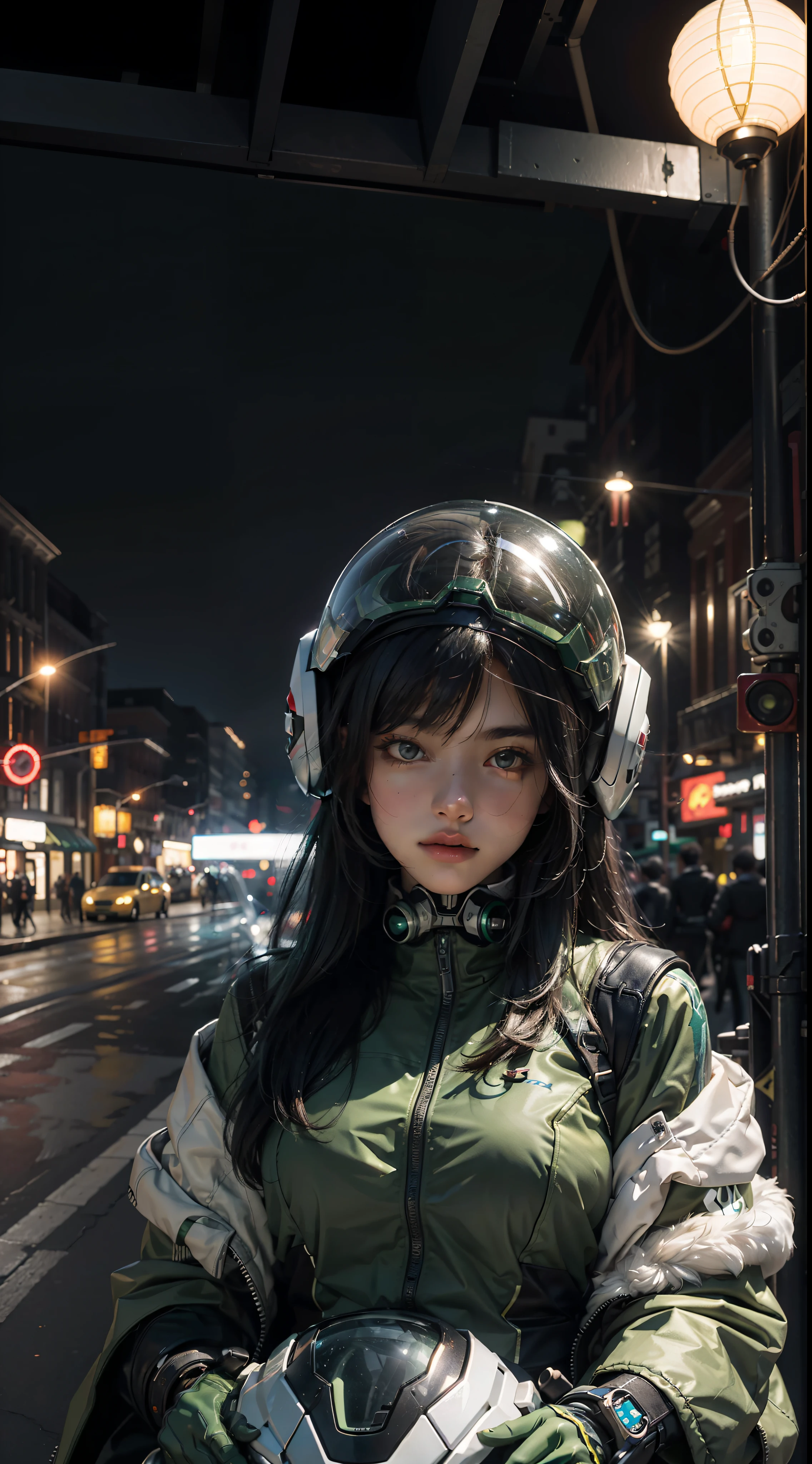 Highest image quality, outstanding details, ultra-high resolution, (realism: 1.4), the best illustration, favor details, highly condensed 1girl, with a delicate and beautiful face, dressed in a black and green mecha, wearing a mecha helmet, holding a directional controller, riding on a motorcycle, the background is a high-tech lighting scene of the future city.