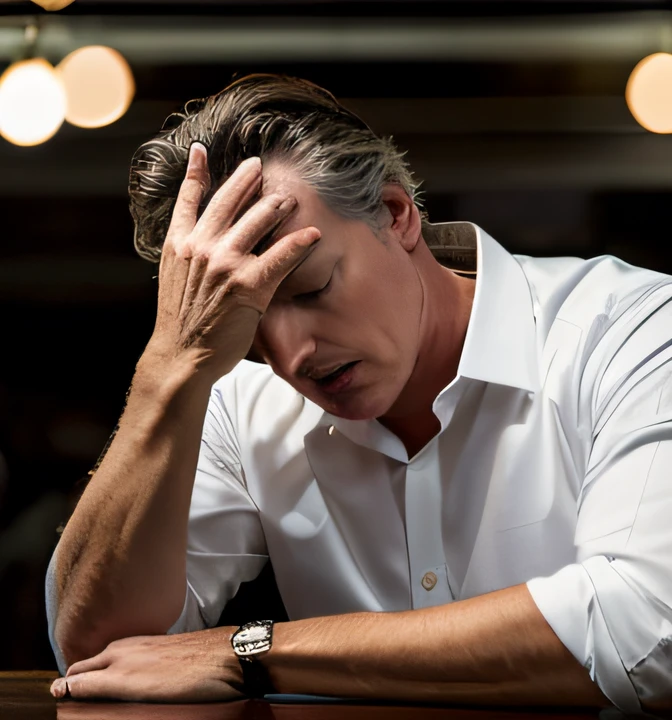 Gavin Newsom, California governor, stressed, anxious, distressed, thinking, very sad facial expression, emotional, sad, detailed facial expression, crying, sadly distressed, full body, long shot, wide, 8k HD high definition detailed realistic, Gavin Newsom, in shirt, long shot, detailed, skin texture, Gavin Newsom, hyperdetailed, realistic skin texture, best quality, ultra high resolution, (photorealistic) (1.4), high resolution, detailed, raw photo, sharp re, nikon d850 film stock photo 4 kodak port 400 camera f1 .6 colors rich lenses realistic texture hyper realistic