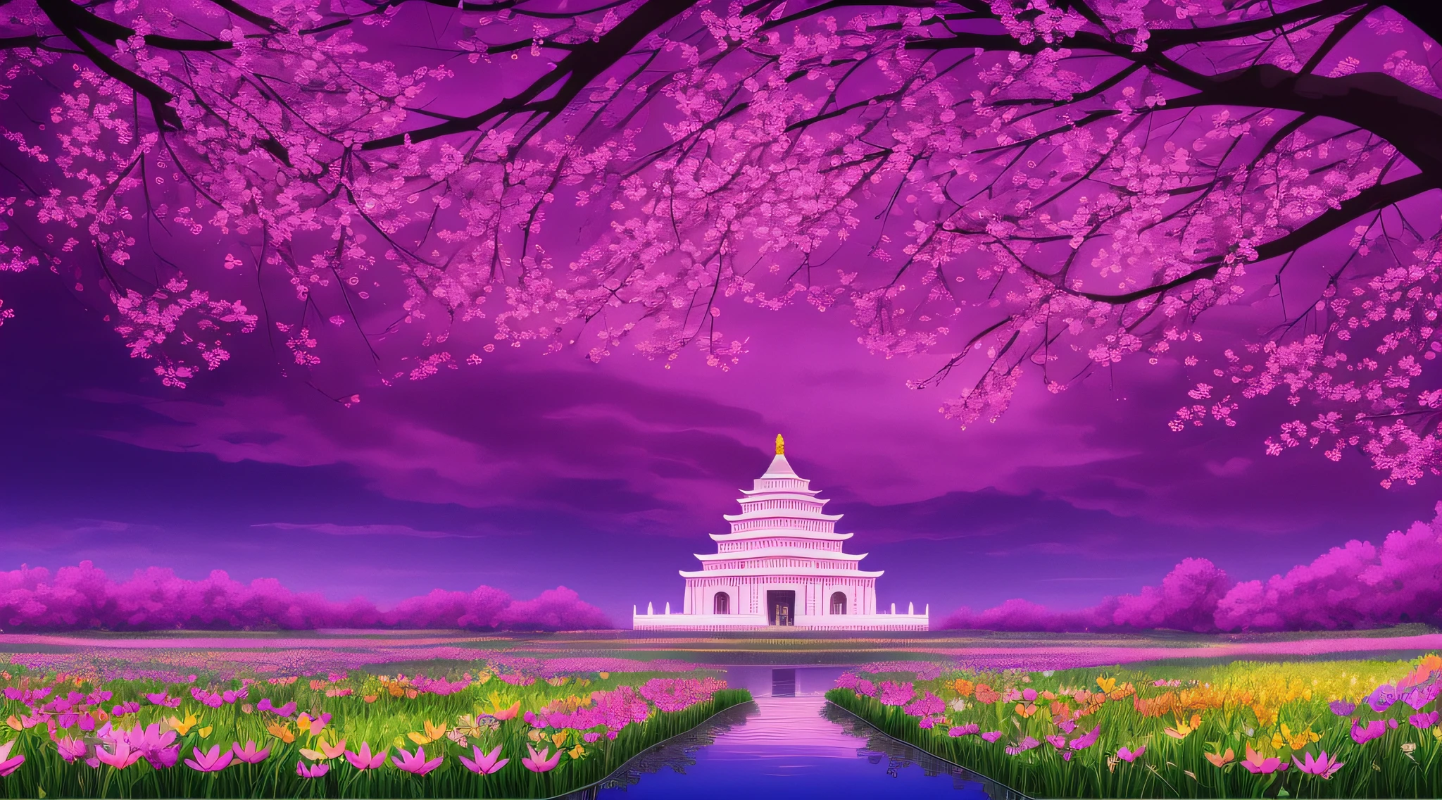 a close up of a field of flowers with a building in the background, Beautiful Peace Scene, the grand temple of flowers, a temple background, background artwork, Beautiful anime scenery, the most beautiful landscape, Beautiful scene, lotus pond, grand background, landscapes, beautiful render of tang dynasty, Very beautiful scenery, blissful landscape, Colorful movie background、Fantasia、Reddish-purple world、32k