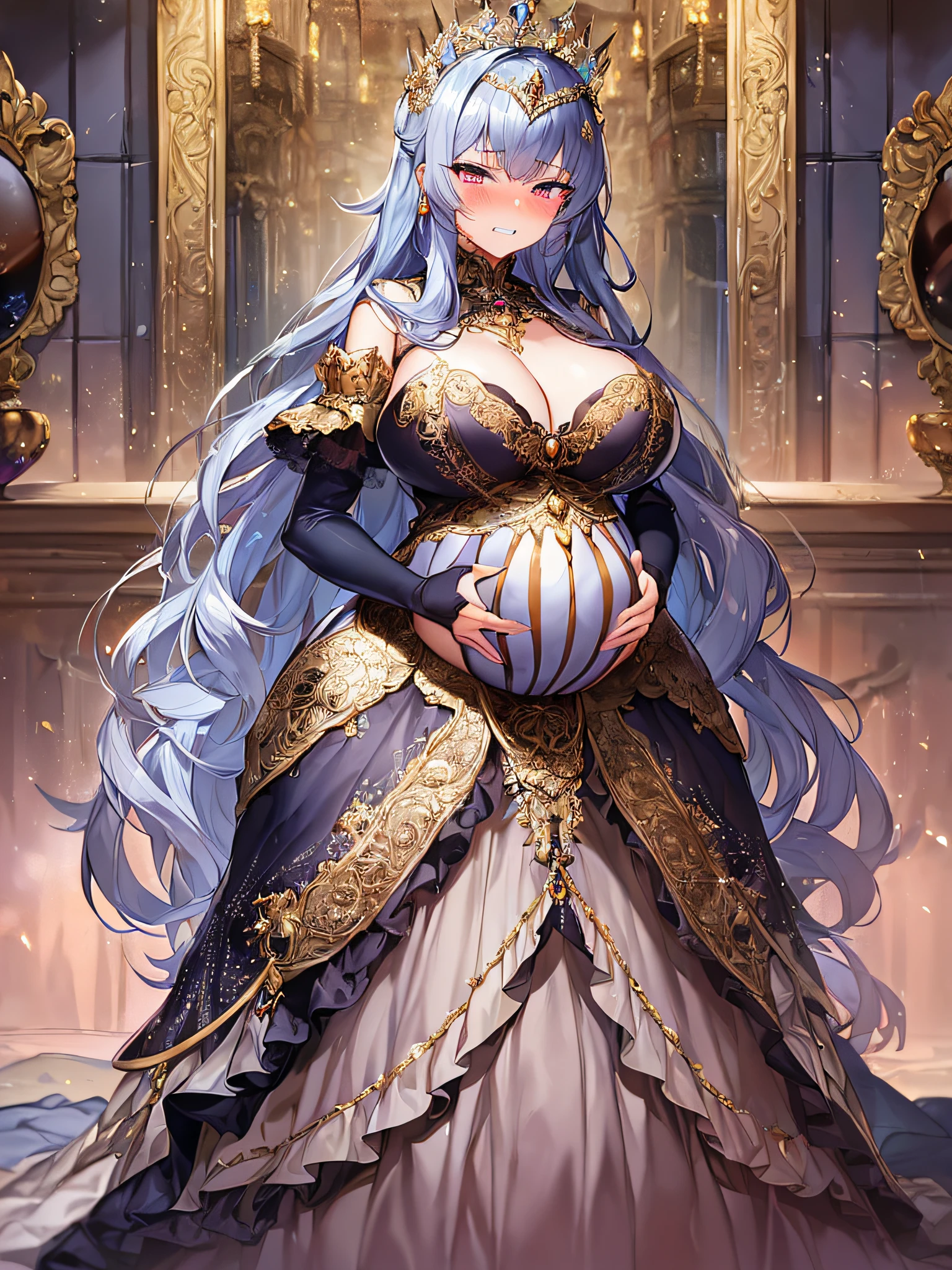 ((anime artstyle)),(Masterpiece),(Best Quality), (Super Detail),((Very Delicate and Beautiful)),Focus on character,Dynamic Angle,Looking at viewer,((Solo)),standing,(((full body))),(((one evil pregnant princess in gorgeous ball gown with voluminous skirt))),detailed face and eyes,((heavily pregnant)),((clenched teeth,blush)),embarrassed,jewel-like eyes,((Very Long voluminous Hair)),gorgeous embroidery and lace,See-through,ornate ruffles,Gorgeous jewelry ornaments,luxury hair ornament,luxury and evil tiara with jewels,(gigantic breasts,Long breasts),full body,(((evil and dark atmosphere))),full body,heavily pregnant,(inside of prison),jeweled evil ball gown,(((gorgeous ball gown with voluminous skirt)))