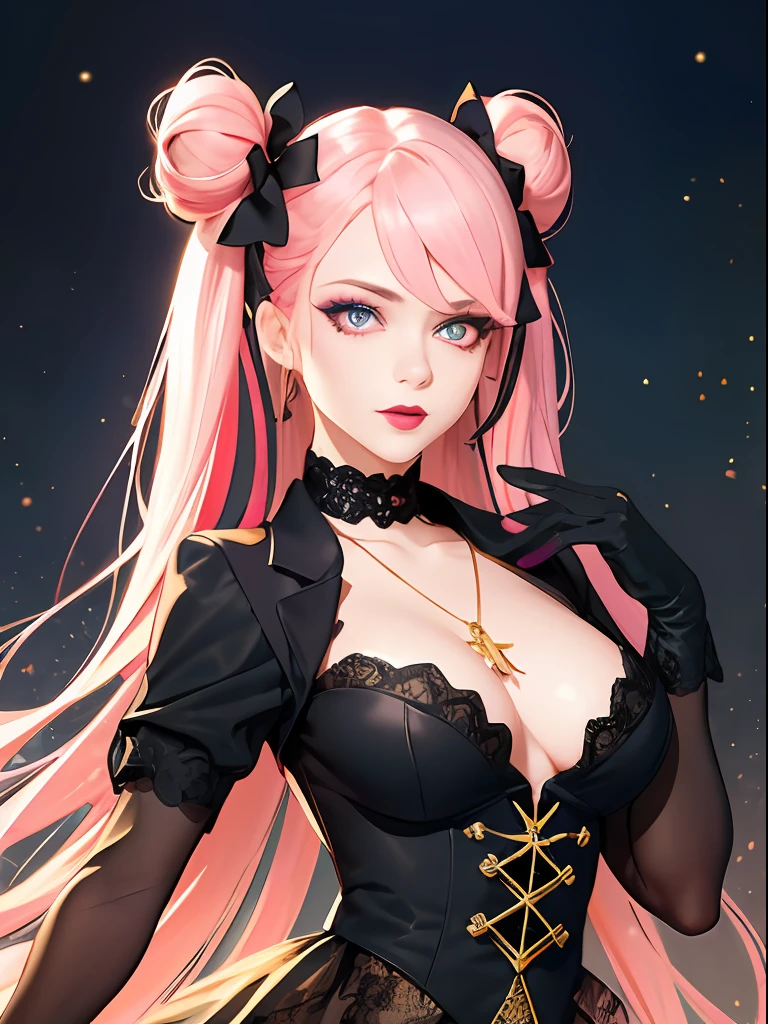 masterpiece, best quality, 1girl, solo, long hair, alternate costume, alternative hair, twin tails, hair buns, two tone hair, multicolored hair, pink hair, two colored hair, streaked hair, gold hair, gold eyes, bangs, makeup, black lipstick, mascara, eyeshadow, cross necklace, hair bow, front bow, lace jacket, lace gloves, fishnets, black leggings, gothic attire, dynamic angle, side lighting, shiny skin, detailed eyes, detailed face, water flowing, wind swept hair, glitter ,