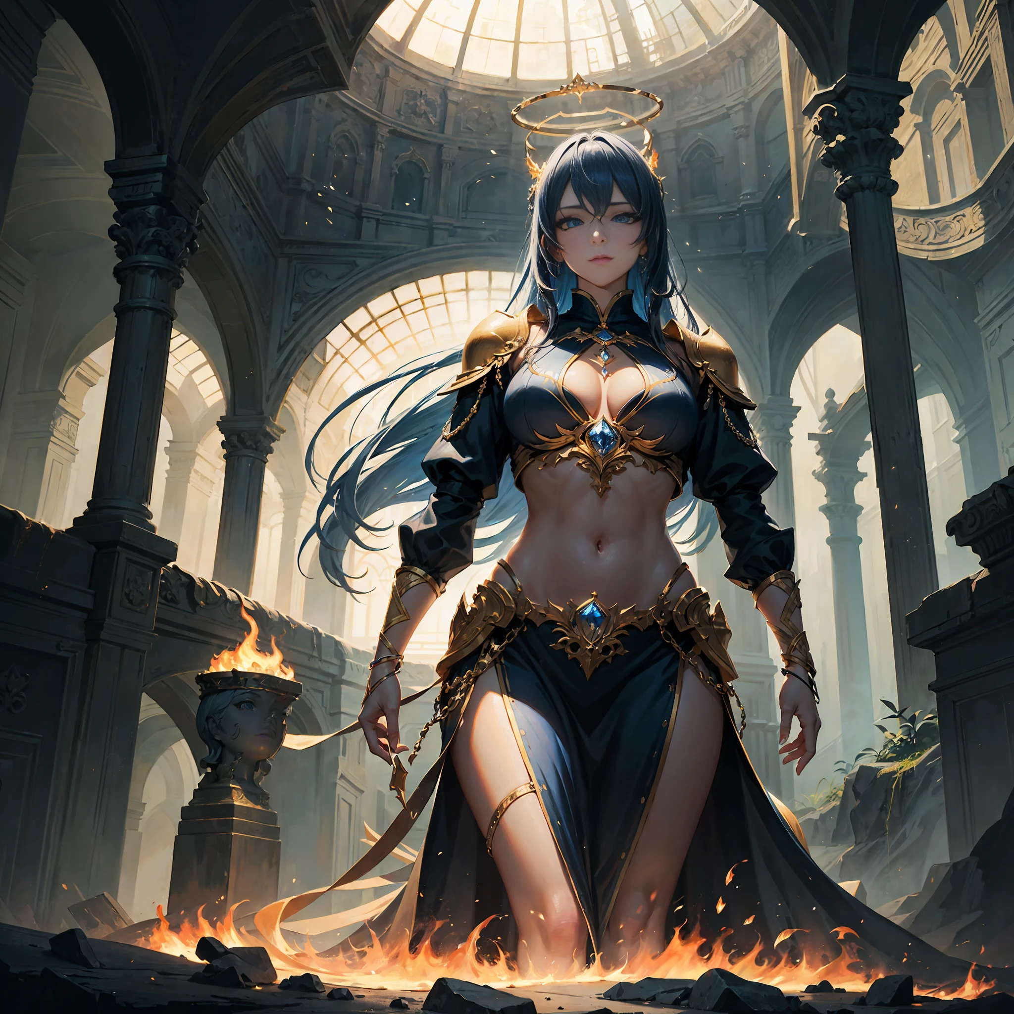 Beautiful giantess,Facial expressions relaxed,Blue eyes for more mature appearance and figure,Golden flame,A blue halo,Colorful magnanimity,masterpaintings,Top image quality,ultra detaile,Grandiose scenes,Extreme light and shadow,Fantasy-like atmosphere。 --auto