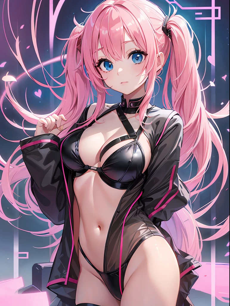 masterpiece, best quality, 1girl, solo, long hair, alternate costume, alternative hair, twin tails, hair buns, two tone hair, multicolored hair, pink hair, two colored hair, streaked hair, gold hair, gold eyes, bangs, makeup, black lipstick, mascara, eyeshadow, cross necklace, hair bow, front bow, lace jacket, lace gloves, fishnets, black leggings, gothic attire, dynamic angle, side lighting, shiny skin, detailed eyes, detailed face, water flowing, wind swept hair, glitter ,