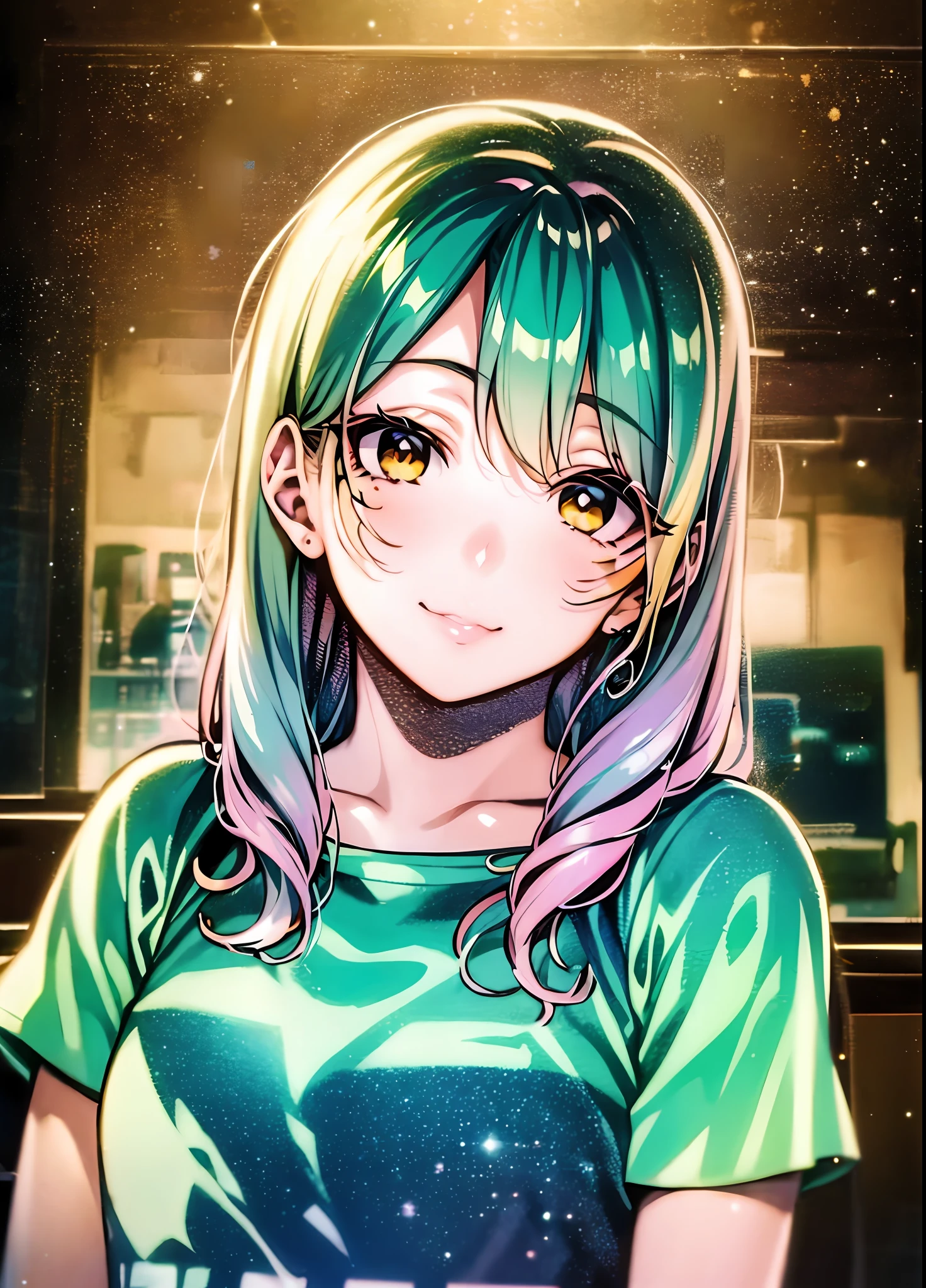 aqua_hair, aqua color illustration, Konmutsuki_gacha_series1, Original character design, cute, kawaii, full-body, detailed photo realistic, oil painting, wallpaper pencil drawing of moe girl, light brown eyes with eyelashes, soft focus, strong rim lignt, intense shadows, golden hour lighting, lens flare, cute face, 8k, artgem, Canon EOS, SIGMA Art Lens 35mm F1.4, ISO 200 Shutter speed 2000