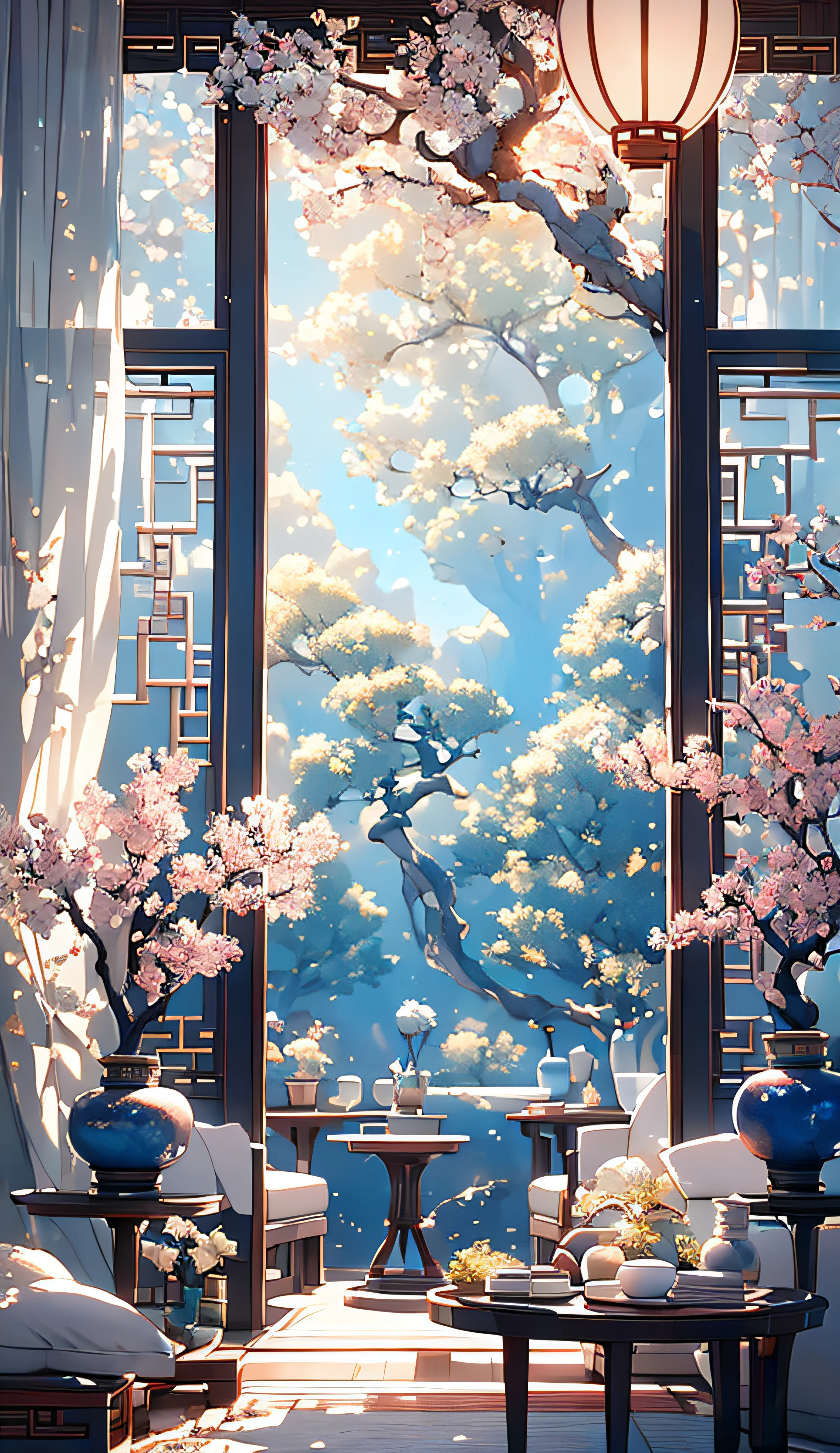 (antique interior design), Chinese home furnishings, round porch, depth, symmetrical design, ((antique carved door beams, carved beam paintings, tables and chairs, bonsai, vases, porcelain, trees, flowers, Chinese lamps, embroidery, screens, beds, cushions, curtains)), exquisite home, rich details, ancient Chinese Ming Dynasty style, quiet and elegant atmosphere, colorful tones as the keynote, exquisite and soft painting style, cinematic lighting effects, HD picture quality, soft light, Tyndall effect, dreamy, rich details, Reference Gu Kaizhi, 32k, high quality, high resolution, (very detailed CG unity 8k wallpaper)