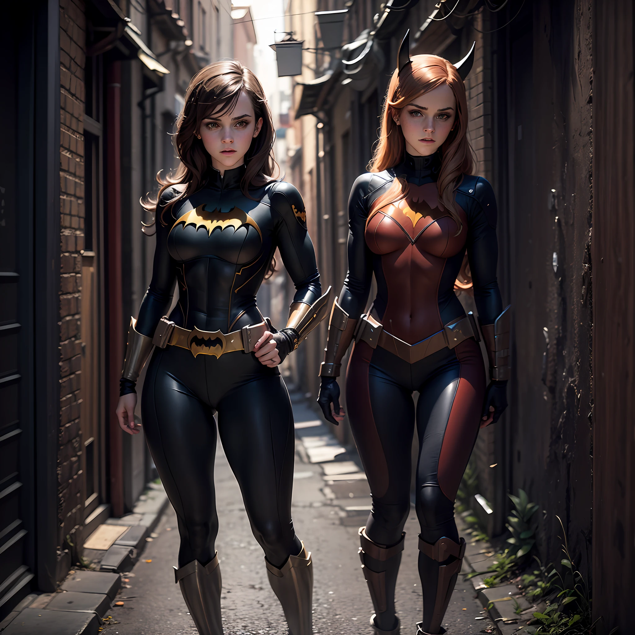 teen emma watson cosplaying as batgirl. freckles. tight intricate costume. standing. sharp focus, cinematic lighting. slender and athletic figure. dark alley.
