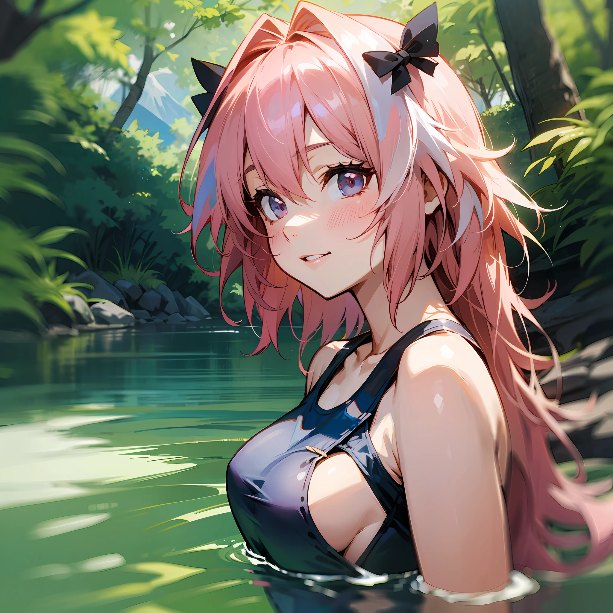 Super beautiful、Shining sunshine、Play with Astolfo in a swimsuit、femal、mountain stream、inside forest、 JCB、astolfo、