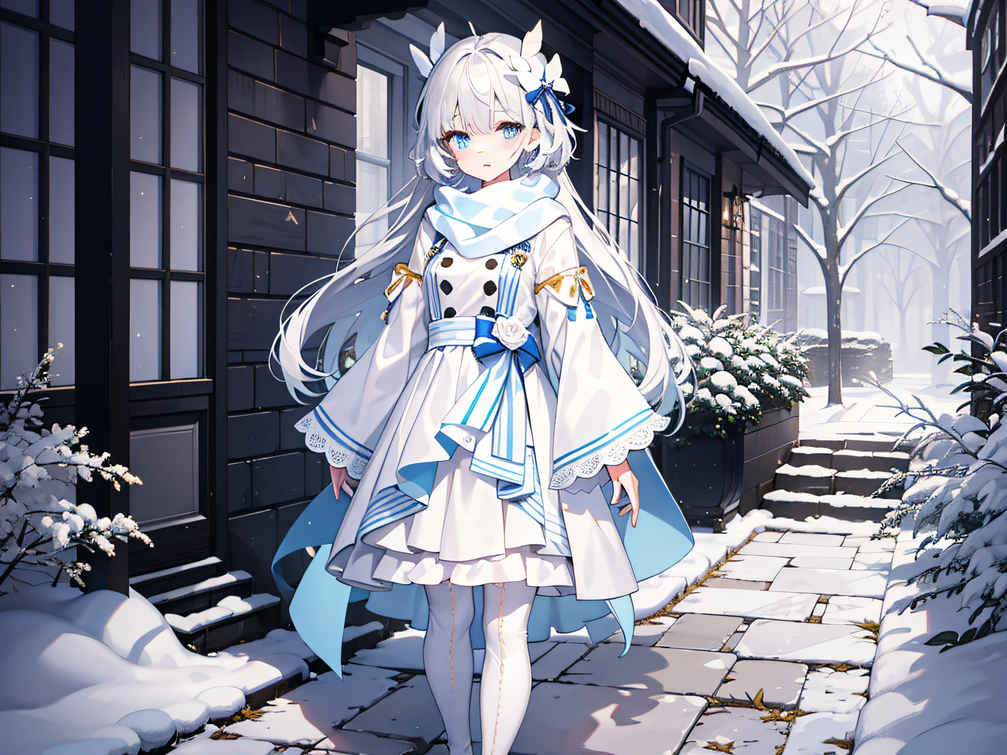 Light blue eyes,Princess cut,whitehair,White thigh boots,White Gothololita,White over-the-knee stockings,white bows,Full body like,sweeping bangs,half-closed eye,Long white scarf,forested,Night,wintertime,masterpaintings,4K,Award-winning photos,Extremely detailled,finely detailled,Highly detailed woman,Teen girls,Extremely detailed eyes and face,Standing,optimal quality