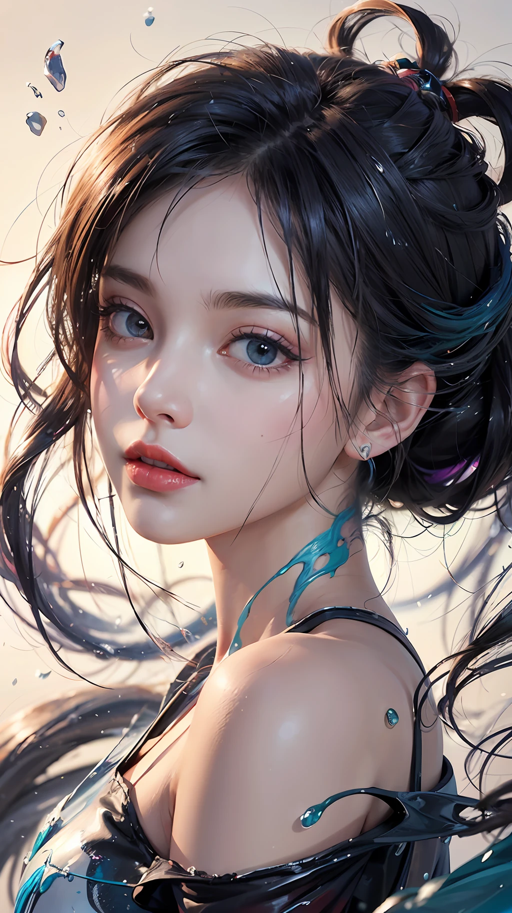 (level difference: 1.8),(Paint colliding and splashing on canvas),(depth of field),Cute creature,elegant, strong between boho and modern. With many colors and no defined (liquid paint rainbow hair:1.1) made of paint and defies gravity, thick flow, (splashes of paint: 1.3), liquid state, beautiful, masterpiece, detailed background, high quality model, ethereal background, abstract beauty, explosive volume, oil painting, heavy brushstrokes, romantic lighting, sub-surface Scattering, lens 135mm, f1.8, brightness, 8k, high resolution, dreamy, ray tracing, hdr, divine rays,