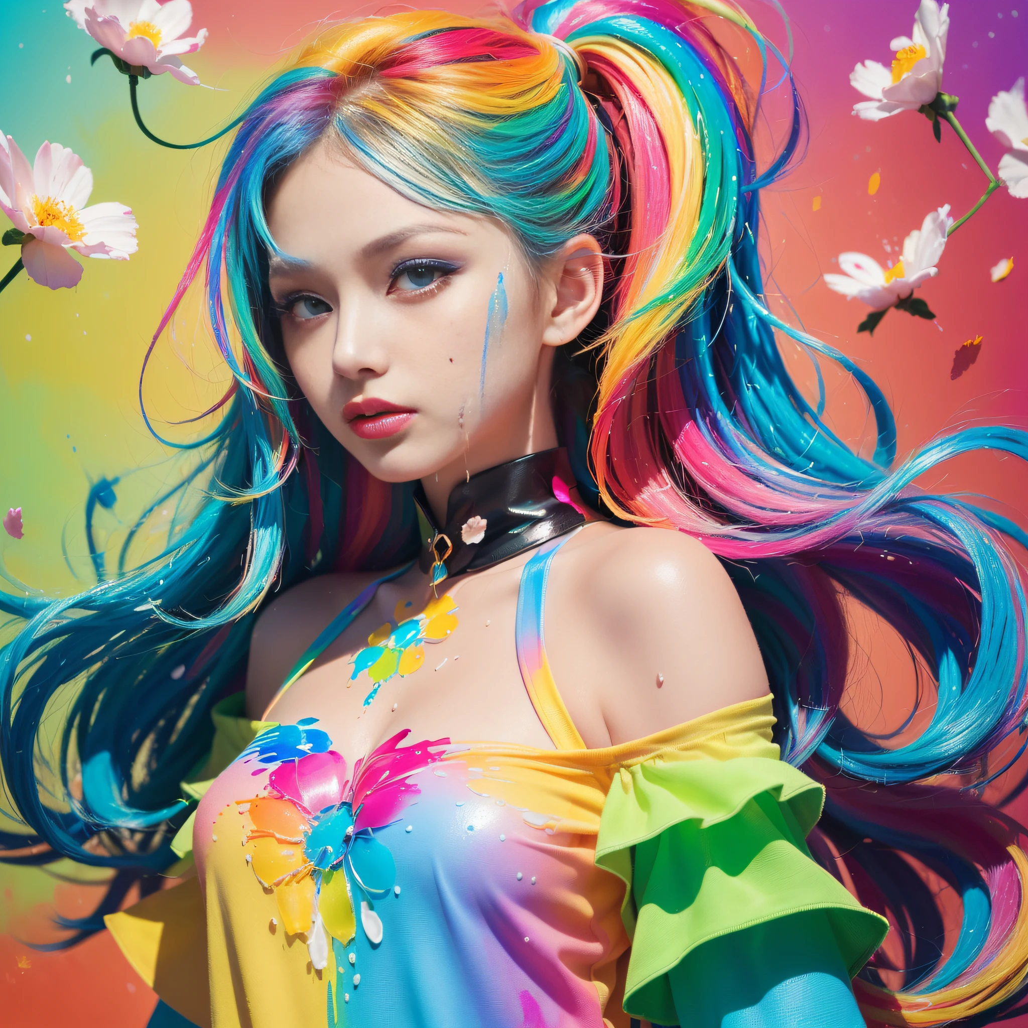 (Pink Fashion T-shirt:1.9),(Colorful hair: 1.8), (all the colours of the rainbow: 1.8),(((((vertical painting:1.6))), (painting:1.6),front, comics, illustrations, paintings, large eyes, crystal clear eyes,( rainbow color gradient high ponytail:1.7), exquisite makeup, closed mouth,(Small Fresh: 1.5),(Wipe Chest: 1.6) ,long eyelashes, white off shoulder T-shirt, White Shoulder Shirt,looking at the audience, large watery eyes, (rainbow colored hair:1.6), color splash, (solo:1.8), color splash, color explosion, thick paint style, messy lines, ((shining)),(colorful), (colorful), (colorful), colorful, Thick Paint Style, (Splash) (Color Splash), Vertical Painting, Upper Body, Paint Splash, Acrylic Pigment, Gradient, Paint, Highest Image Quality, Highest Quality, Masterpiece, Solo, Depth of Field, Face Paint, colorful clothes, (Elegant: 1.2), gorgeous,long hair, wind, (Elegant: 1.3), (Petals: 1.4),(((masterpiece))),(((best quality))),((ultra-detailed)),(illustration),(dynamic angle),((floating)),(paint),((disheveled hair)),(solo),(1girl) , (((detailed anima face))),((beautiful detailed face)),collar,bare shoulders,white hair, ((colorful hair)),((streaked hair)),beautiful detailed eyes,(Gradient color eyes),(((colorful eyes))),(((colorful background))),(((high saturation))),(((surrounded by colorful splashes))),