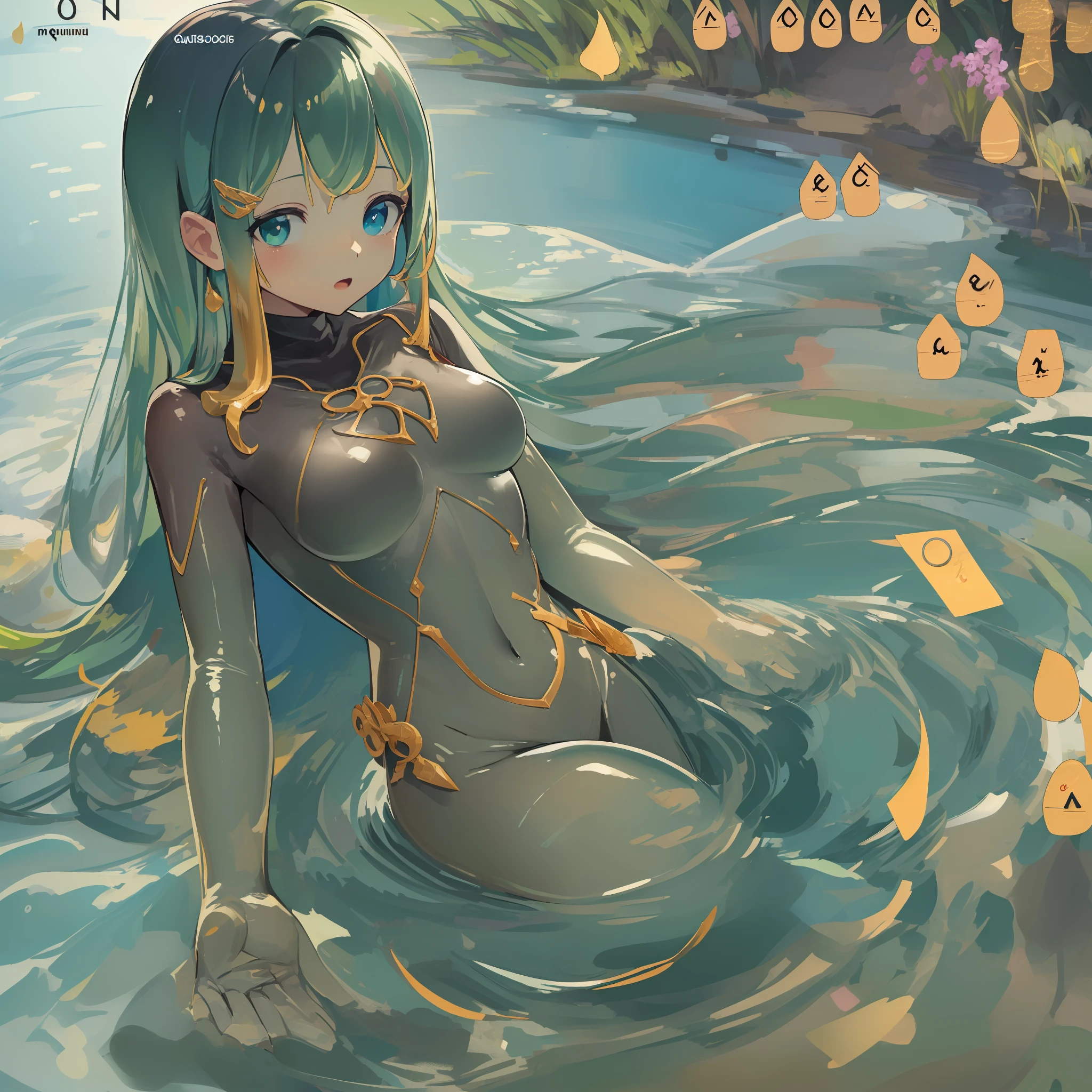 ((corpo inteiro):2) ,ambiente lago pantanoso anime, Estilo anime, 16k, ((melhor qualidade, detalhes altos):1.4), Masterpiece, UHD` best illustration: 1.2), 1 menina, (menina slime: 1.5), (pele verde transparente: 1.4), (transparente: 1.5), belo rosto transparente): 1.2) detalhado avental de cozinha verde transparente