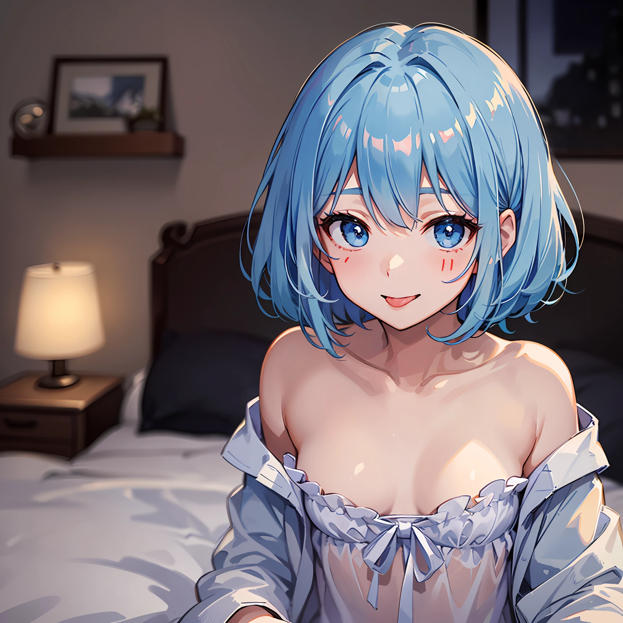 (((masterpeice)))、(((beste-Quality)))、Hi-Res、 The is standing、 (Cute One Girl)))、独奏、White Skin Skin、small tits、Eight-headed body、(light blue hair)、(((shorth hair)))、Bob Hair、 ((straight bangs))、Beautiful hair、blue eyed、Beautiful Eyes of Details、((out tongue))、a smile、heart mark、Nightwear、 耳环、White room、a bed、 (Morning)、 Shadow lighting、