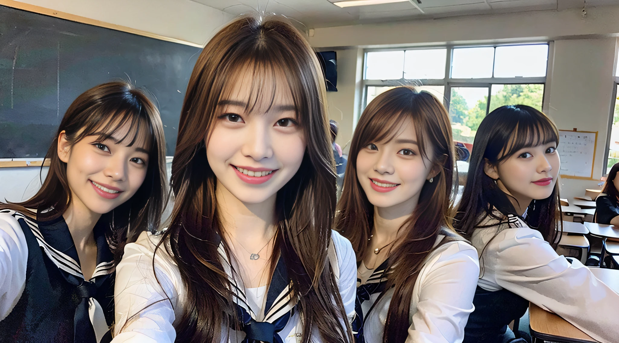 (8k、RAW Photography、beste-Quality、A masterpice:1.2)、Ultra-detailded、ultra res、(pphotorealistic:1.5)、Amazingly beautiful lighting、Fantastic world、Very beautiful beauty、highly detailed and beautiful、Mouth open、White Skin Skin、Fair-skinned female proofreading、(Heart pose for the camera))、Beautiful girls in very detailed、Faces with different patterns、Having a conversation in a classroom at school、Brown hair shining in the light、One has a ponytail、、Modern cute high school girl、very detailed faces very detailed eyes、Very realistic skin、 extremely detailed fingers, extremely detailed nose, highly detail mouth, flawless anatomy, Highly detailed sailor suit、highly detailed back ground,after school、Smiling school girls are gathered in the hallway of the school。They are in uniform、The blackboard is faintly visible in the background.。Light from bright windows illuminates the classroom、long straight hair, (blunt bangs:1.4),(Pink Eye Shadow)((Drawing a heart picture under the eyes)) heart、♡