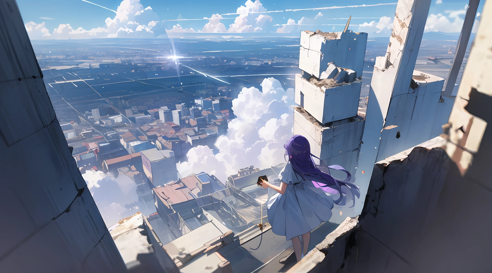 Meteorite fall、Girl in a white dress, long purple hair,  The big city in ruins, On the roof of a building, at noon,, blue skies, the clouds, (photographed from behind)), A low-angle, Volumetric Lights, 8K, beste-Quality, sharp, specifics、Clear blue sky