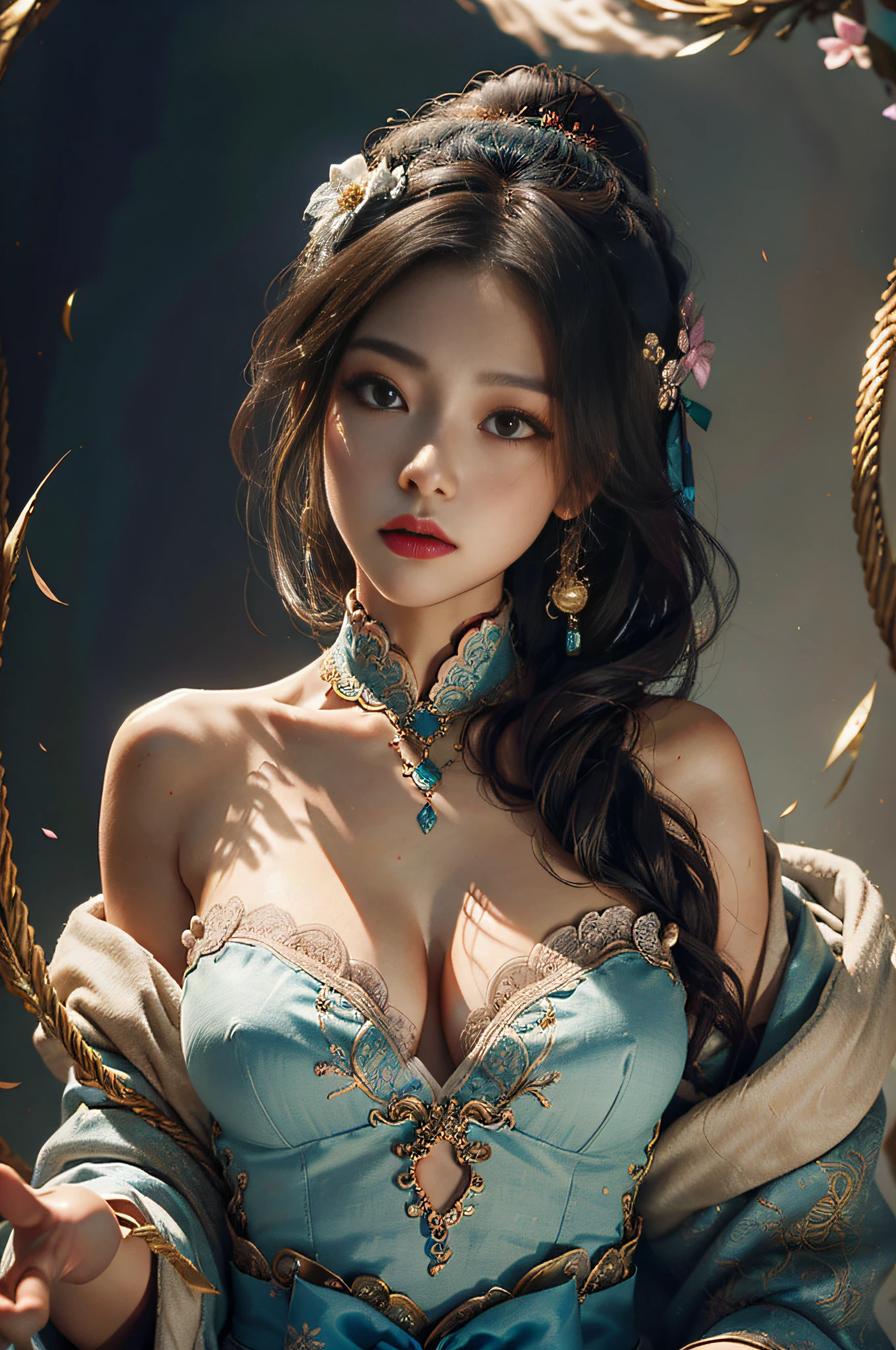 Zhong Fenghua, 1girl huge large breasts, (Whole human body) 独奏, Hanfu, flowers fields, blossom flower, (White smoke:1.3) (pphotorealistic:1.4),A coquettish expression,Bow your head shyly,Fawn rammed,Detailed expressions,disheveled hair,nmasterpiece,Absurde,Shy, Zen entanglement, a Mandala, entangled, offcial art, Unity 8k wallpaper, Ultra-detailded, Beautiful and beautiful, nmasterpiece,optimal quality, (dynamic angle:1.4), Glowing skin, (Floating colorful flashes:1)The most beautiful forms of chaos,elegantly,Fauvistdesign,vividcolor,Romantic depth of field,ultra-high-resolution