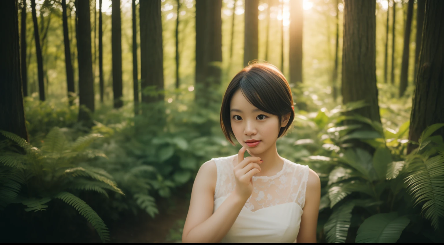 in forest, 1girl, short-cut, sony a7, 35mm lens, F1.8, film gain, the golden hour, Soft lighting