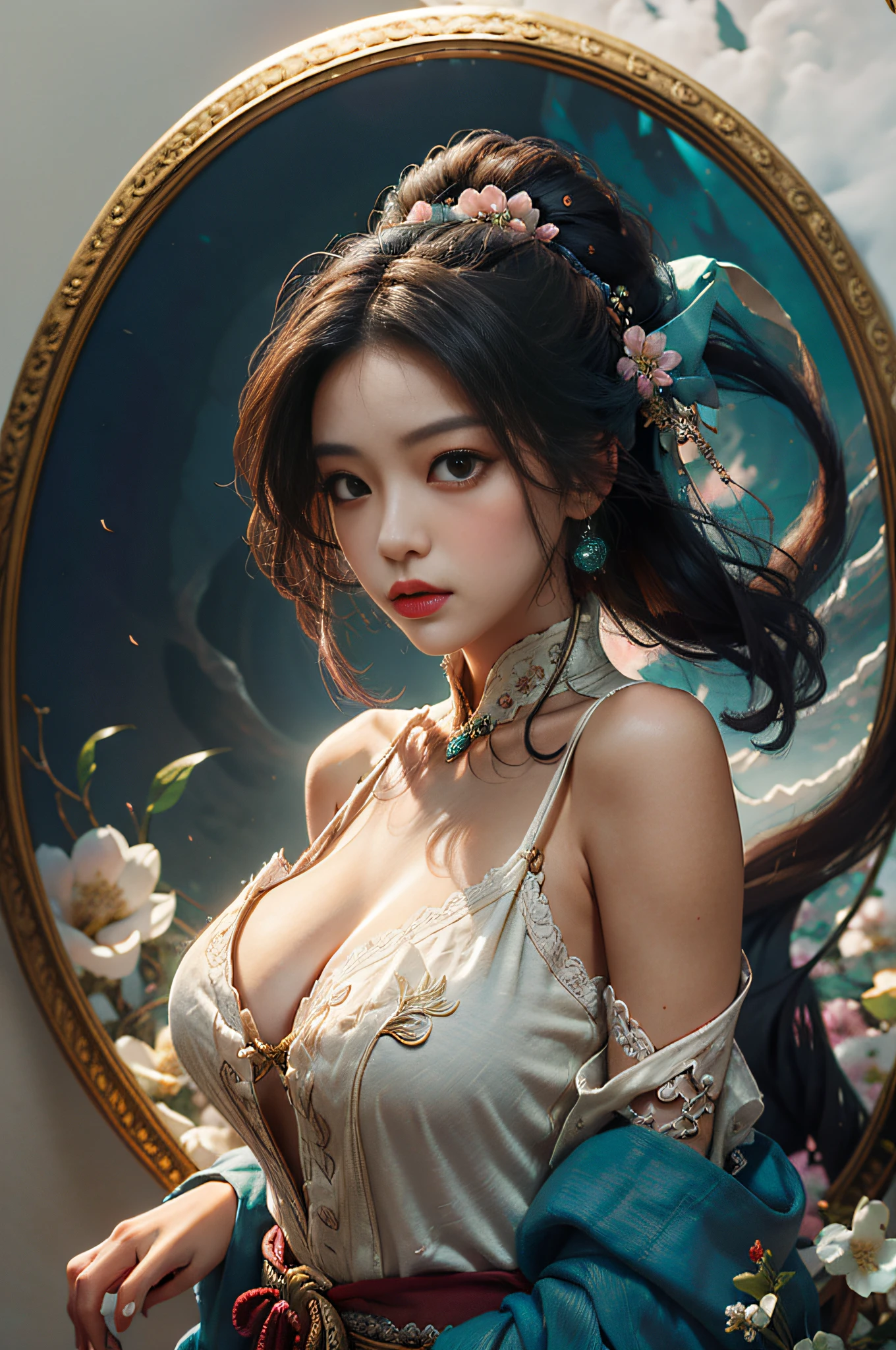 Zhong Fenghua, 1girl huge large breasts, (Whole human body) 独奏, Hanfu, flowers fields, blossom flower, (White smoke:1.3) (pphotorealistic:1.4),A coquettish expression,Bow your head shyly,Fawn rammed,Detailed expressions,disheveled hair,nmasterpiece,Absurde,Shy, Zen entanglement, a Mandala, entangled, offcial art, Unity 8k wallpaper, Ultra-detailded, Beautiful and beautiful, nmasterpiece,optimal quality, (dynamic angle:1.4), Glowing skin, (Floating colorful flashes:1)The most beautiful forms of chaos,elegantly,Fauvistdesign,vividcolor,Romantic depth of field,ultra-high-resolution