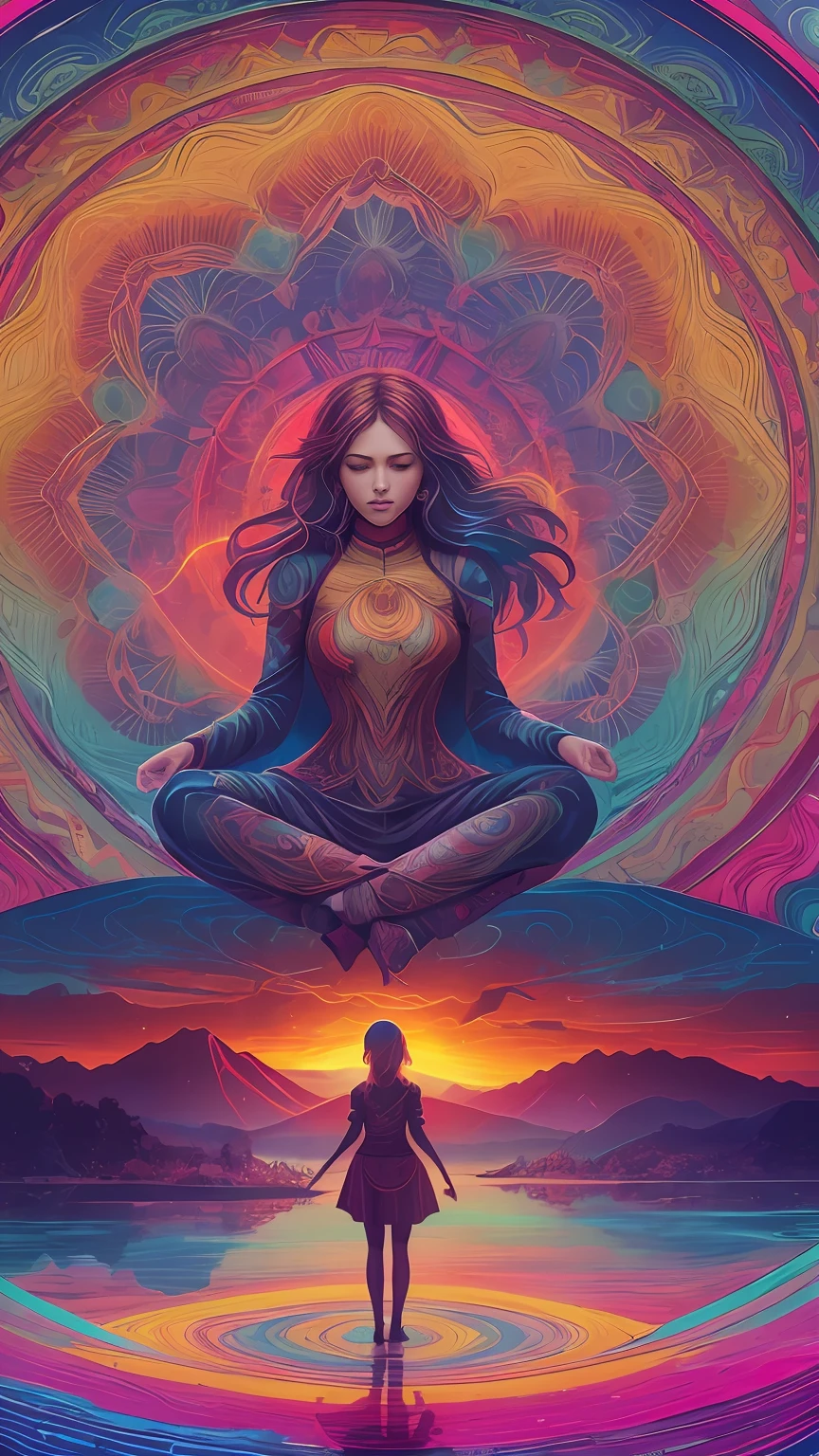 woman over 22 years of age looking at zenith, meditating, arms wide open, cinematic, 4k ultra, beautiful face, ((full body)), detailed, perfect fingers, beautiful woman: 1.3, beautiful face with good sharpness, saturated colors, psychedelic image, LSD, mandala, fractral, 3D depth, dan mumford and alex grey style, sunset psychedelic, kilian eng vibrant colours, psychedelic landscape, kilian eng vibrant colors, dan mumford and albert bierstadt, official artwork, in the style dan mumford artwork, dan mumford paint, jen bartel, psychedelic art style, mythical floral hills --auto --s2