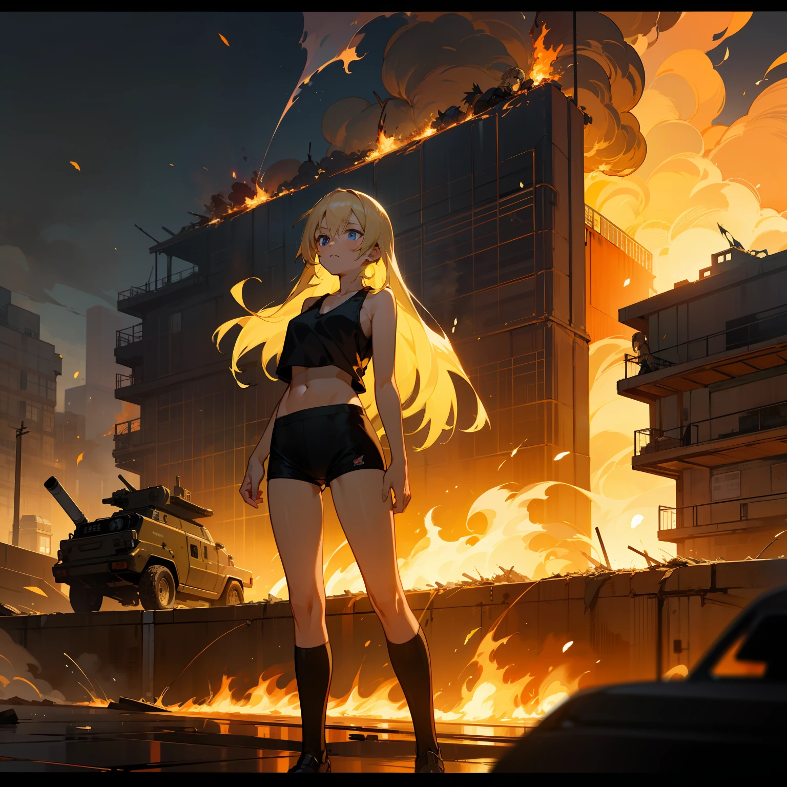 A masterpice, Top image quality, Hi-Def, Beautiful blonde girl、Whole human body、Blue eyes、deadpan、Black tank top、Black spats、semi long hair、The  is standing、showing butt、by night、Military base blown up in flames、Armored car blasting into flames、