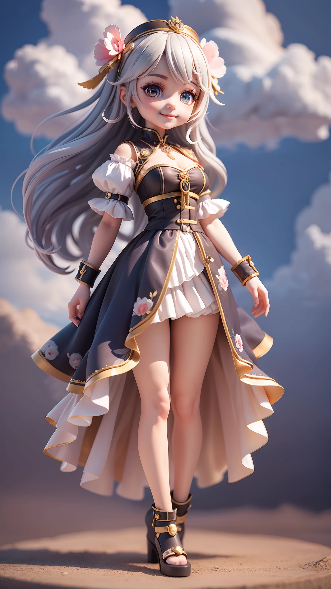 Masterpiece, Best Quality, Lots of Detail, (Full Body:1.2), Chibi, Cloud Girl, Clouds, Sky, Rainbow, Gray Hair, Magician Long Dress, Lively, Detail Hands, Five Fingers, Big Eyes, Smile, 3D Rendering, Q Print Style
