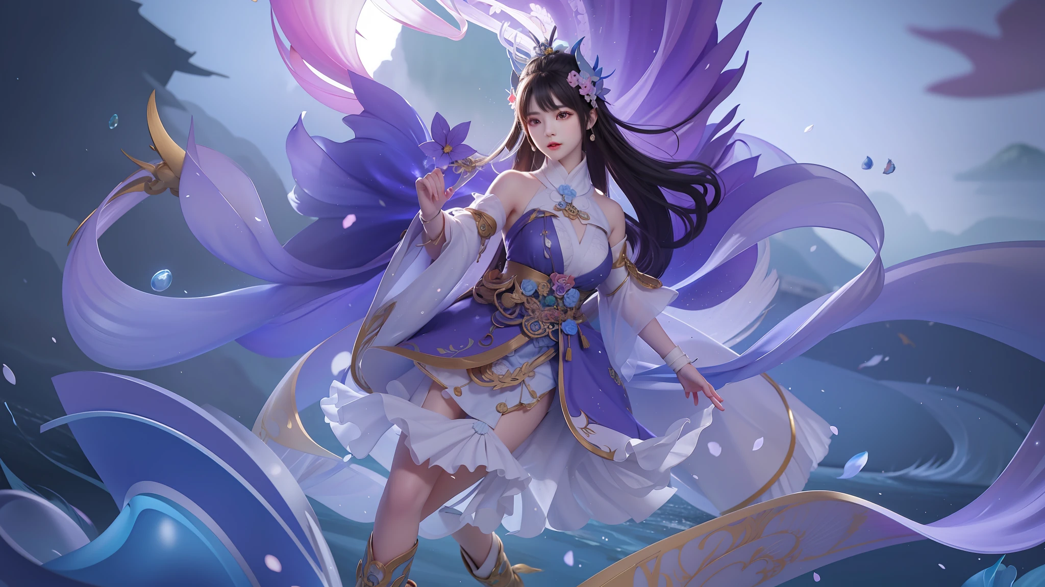 anime girl with a purple dress and a blue hat holding a green flower, queen of the sea mu yanling, by Yang J, heise jinyao, yun ling, onmyoji detailed art, beautiful celestial mage, inspired by Ju Lian, full body xianxia, inspired by Pu Hua, g liulian art style, keqing from genshin impact