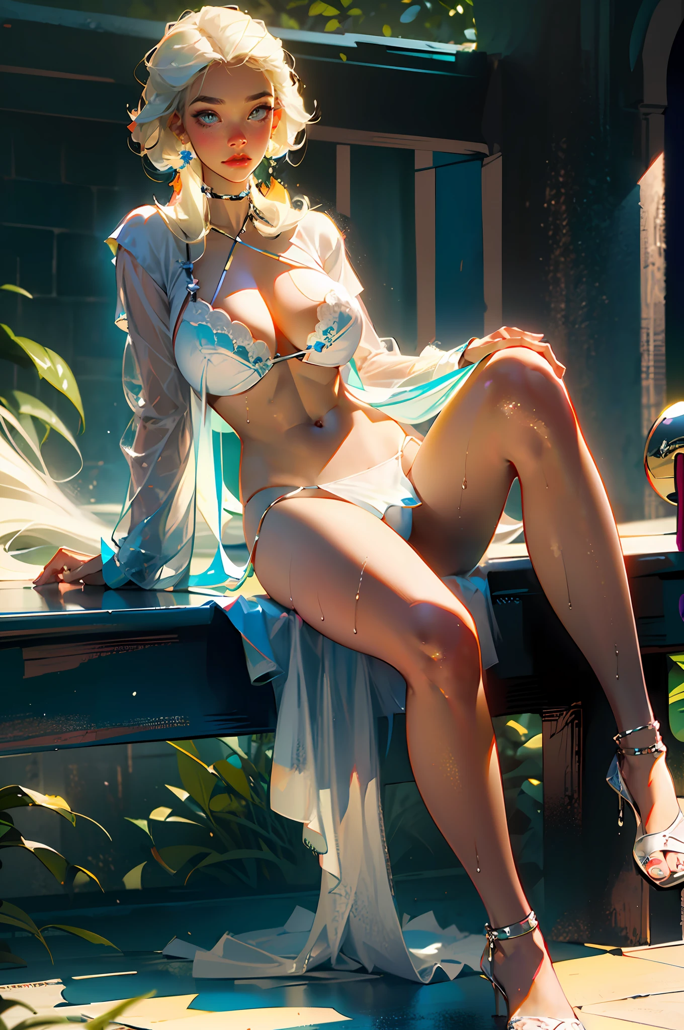 ((front view shot)), ((A very cute girl sitting on floor, and wearing a white silk extreme micro string, a loincloth of white silk string, in a beautiful park)),(( spread her legs)), ((open legs)), (((wet panties))), ((smug look)), ((wearing a white silk plunging open shirt: 1.5)), (((Huge breasts :1.4, and droopy breasts:1.5))), 8k, RAW photo, ((full body shot)), (highly detailed skin:1.2), (exposed:1.5), (exposed breasts:1.5), (exposed back:1.5), (exposed shoulders:1.1), (exposed crotch:1.5), photography, masterpiece, best quality, dark grey background, (a beautiful caucasian girl with beautiful blue eyes, gorgeous light blonde hair, white skin, Huge soft breasts and beautiful abs, ((blonde pubic hair)),Ultra-detailed face, ((Detailed eyes)),