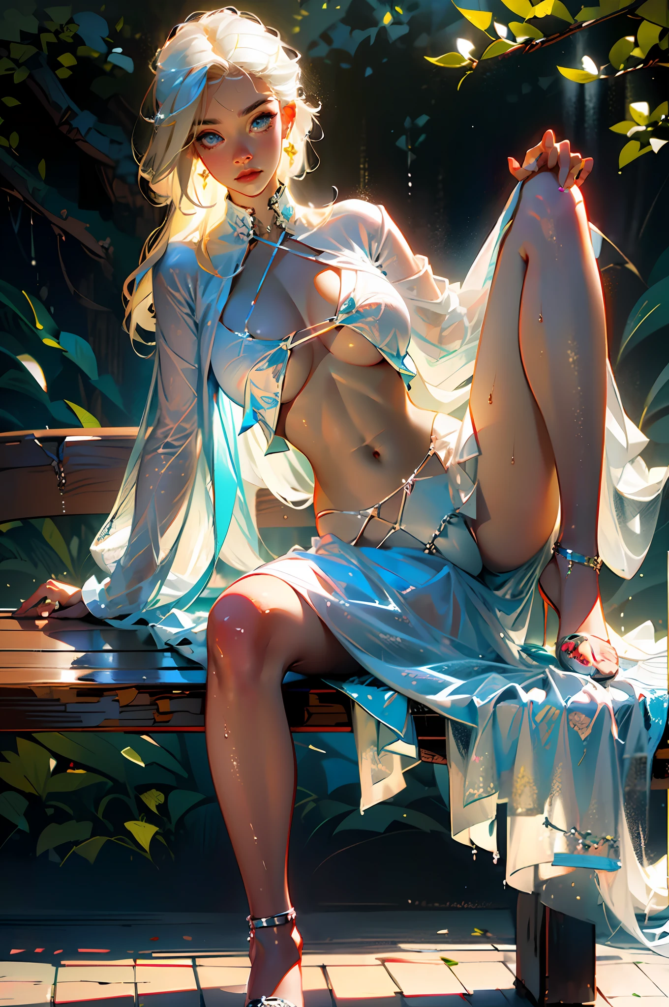 ((front view shot)), ((A very cute girl sitting on floor, and wearing a white silk extreme micro string, a loincloth of white silk string, in a beautiful park)),(( spread her legs)), ((open legs)), (((wet panties))), ((smug look)), ((wearing a white silk plunging open shirt: 1.5)), (((Huge breasts :1.4, and droopy breasts:1.5))), 8k, RAW photo, ((full body shot)), (highly detailed skin:1.2), (exposed:1.5), (exposed breasts:1.5), (exposed back:1.5), (exposed shoulders:1.1), (exposed crotch:1.5), photography, masterpiece, best quality, dark grey background, (a beautiful caucasian girl with beautiful blue eyes, gorgeous light blonde hair, white skin, Huge soft breasts and beautiful abs, ((blonde pubic hair)),Ultra-detailed face, ((Detailed eyes)),