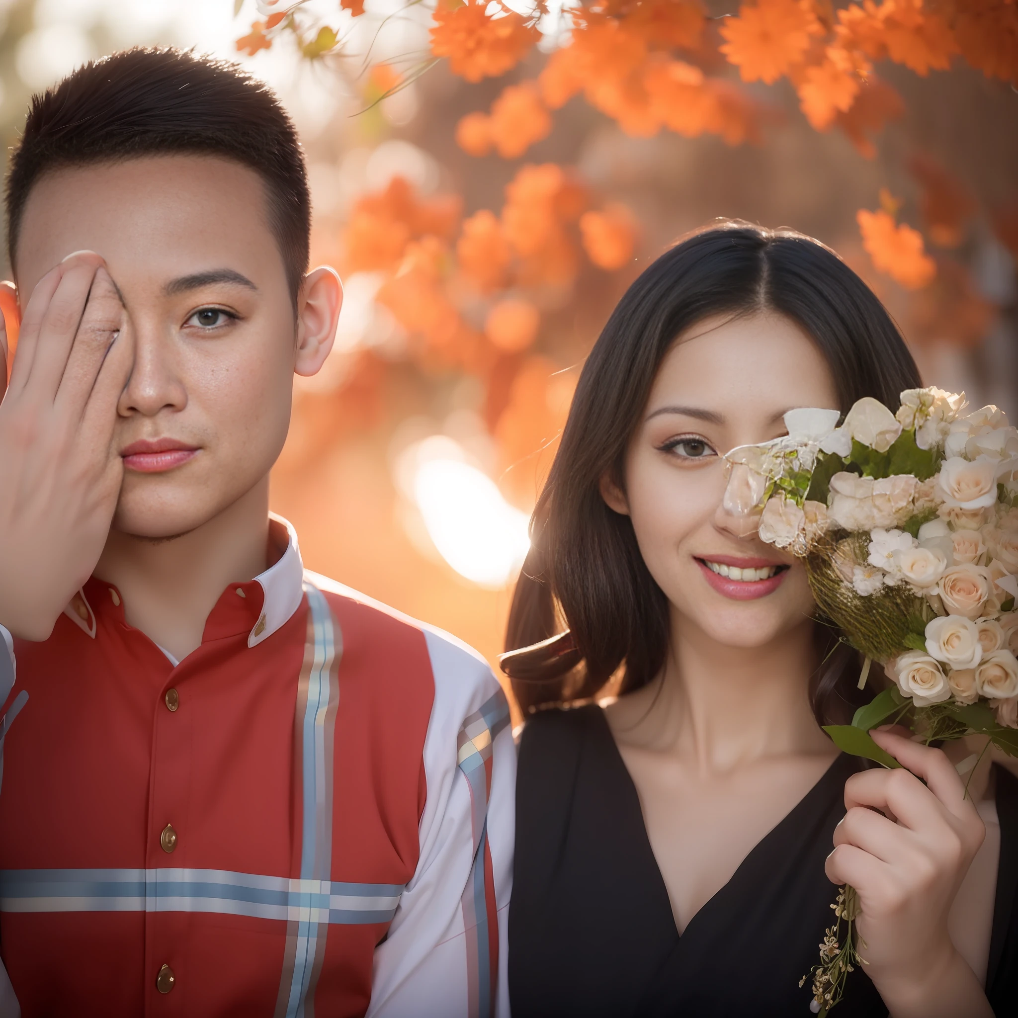 flowers covering eyes, man and woman in love, on a red background, Cute couple portrait, asian man, couple pose, ahappy couple, portrait shooting, romantic couple, With flowers