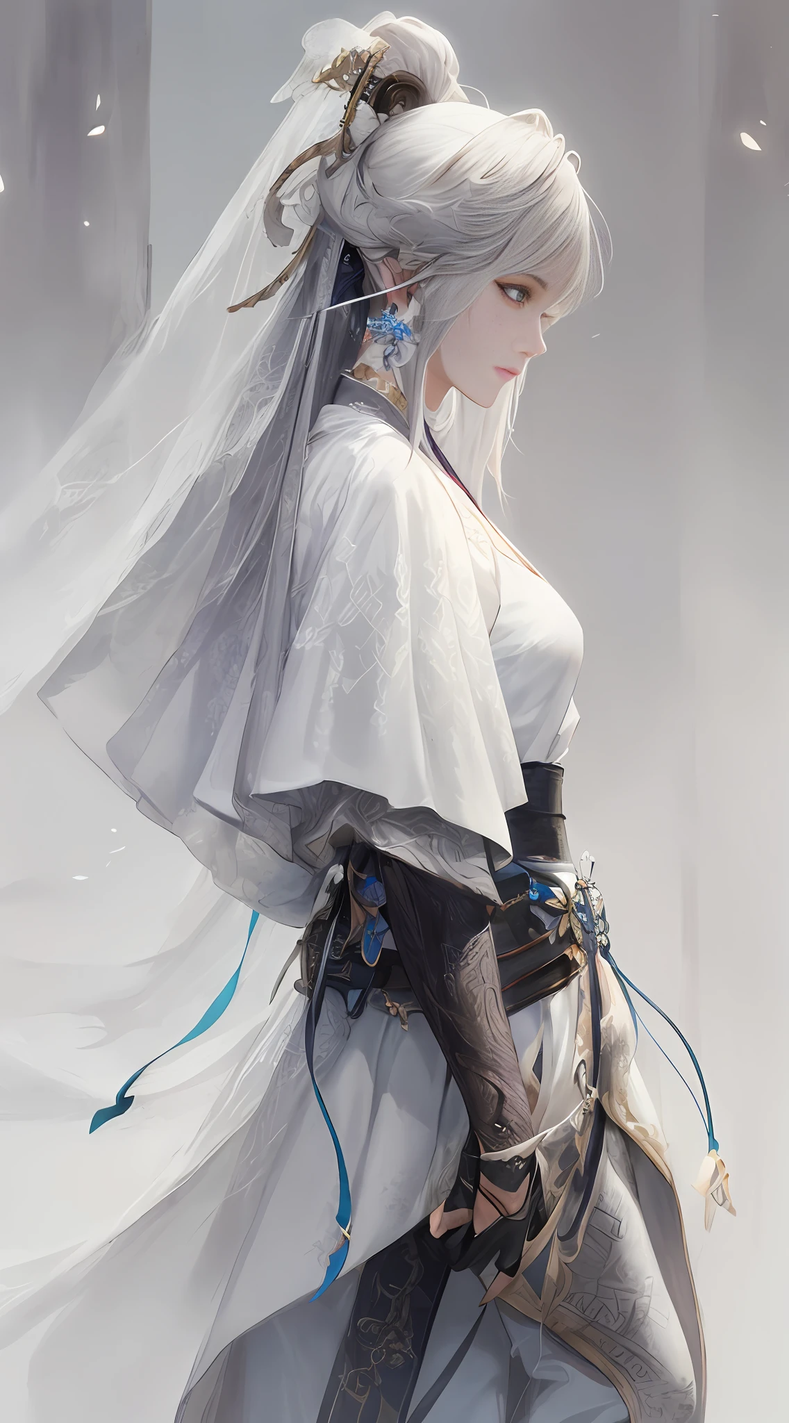 Close-up of a woman in a white dress，a character portrait by Yang J，The popularity of CGsociety，Fantasyart，Beautiful character painting，Guviz-style artwork，Guvitz，White Hanfu，flowing white robes，full body wuxia，epic exquisite character art，Stunning character art，beautiful female assassin，orthofacial