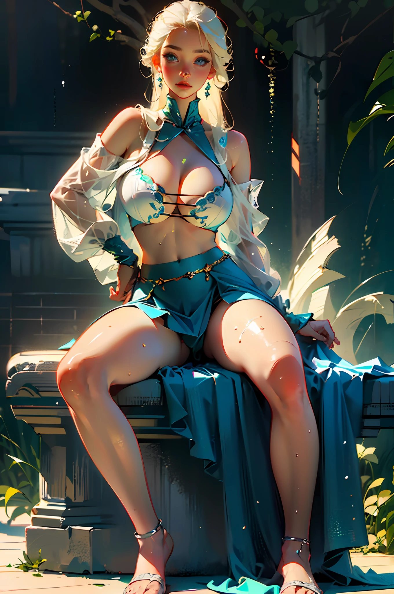 ((front view shot)), ((A very cute girl sitting on floor, and wearing a white silk extreme micro string, a loincloth of white silk string, in a beautiful park)),(( spread her legs)), ((open legs)), (((wet panties))), ((smug look)), ((wearing a white silk plunging open shirt: 1.5)), (((Huge breasts :1.4, and droopy breasts:1.5))), 8k, RAW photo, ((full body shot)), (highly detailed skin:1.2), (exposed:1.5), (exposed breasts:1.5), (exposed back:1.5), (exposed shoulders:1.1), (exposed crotch:1.5), photography, masterpiece, best quality, dark grey background, (a beautiful caucasian girl with beautiful blue eyes, gorgeous light blonde hair, white skin, Huge soft breasts and beautiful abs, ((blonde pubic hair)),Ultra-detailed face, ((Detailed eyes)),