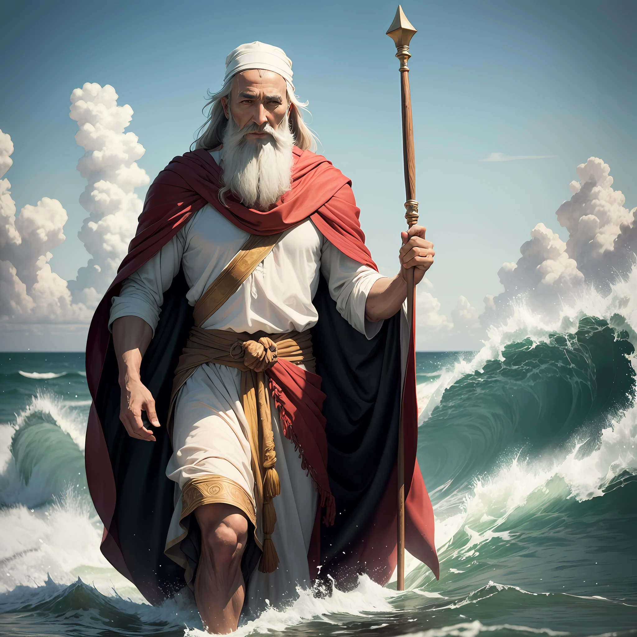 Moses of the Bible Looking Forward, imagem ultra realista, rica em detalhes, holding a staff with your hand, imagem de fundo se assemelha a um grande mar --auto