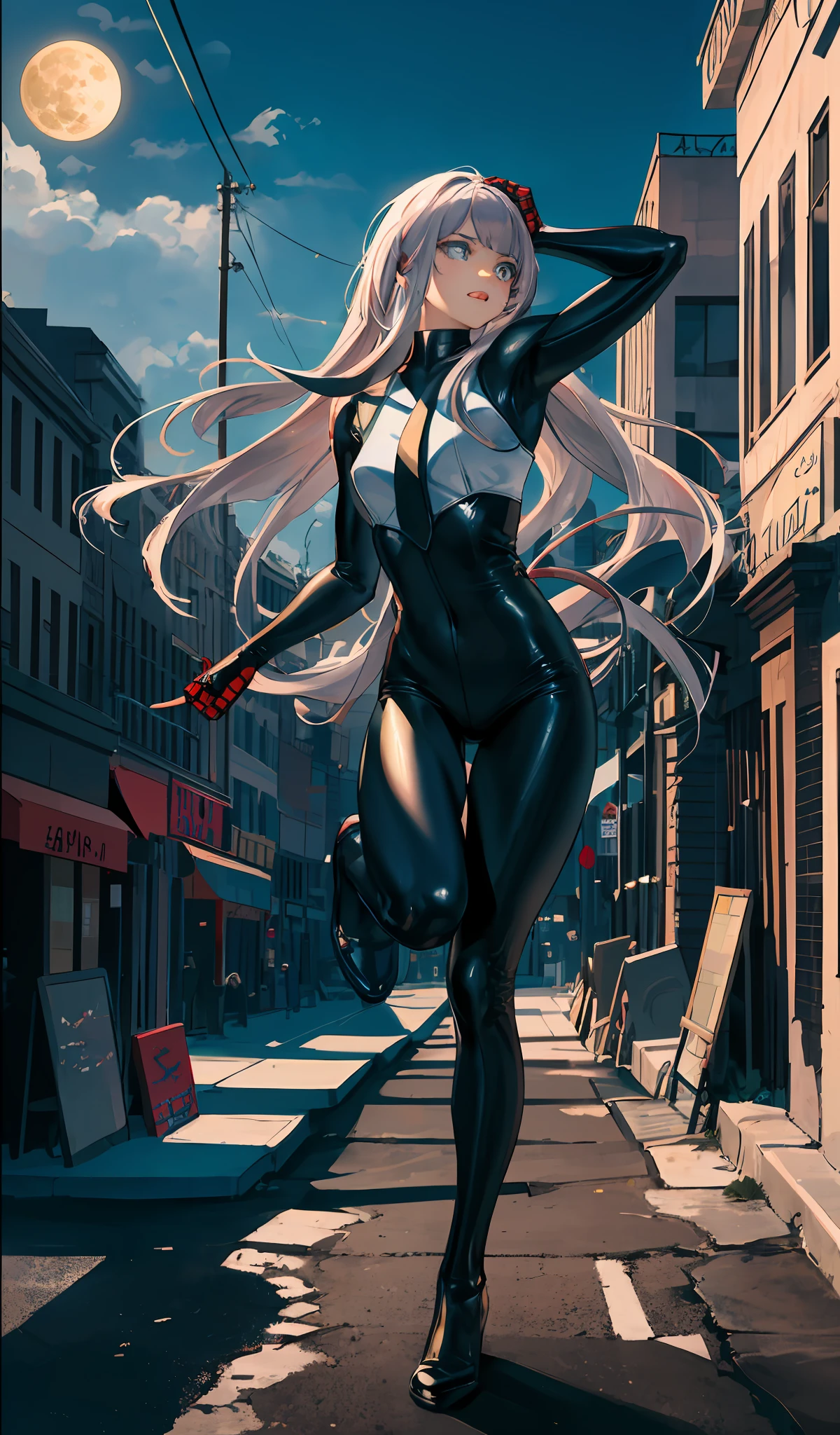 (Masterpiece, 4K resolution,, highly detailed) ، (Theme of a white superhero, attractive, there is a girl on top of the city, dressed as Spider-Man, she is a superhero) ، [((25 years old) ، (white long hair: 1.2) , full body, (blue eyes: 1.2) ، ((Spider-Man mode) , show strength, jump from one building to another) ، ((Sandy urban environment): 0.8) | (Cityscape, at night, dynamic lights) ، (Full moon))] # Description: The router basically describes a 4K ultra-high-definition, ultra-realistic and highly detailed panel. A superhero appears at the top of the city, dressed as Spider-Man. The subject in the painting is that of a white superhero, the protagonist has long white hair, she is 25 years old and her entire body is shown in the painting. In terms of depicting the actions of superheroines, spiders are used
