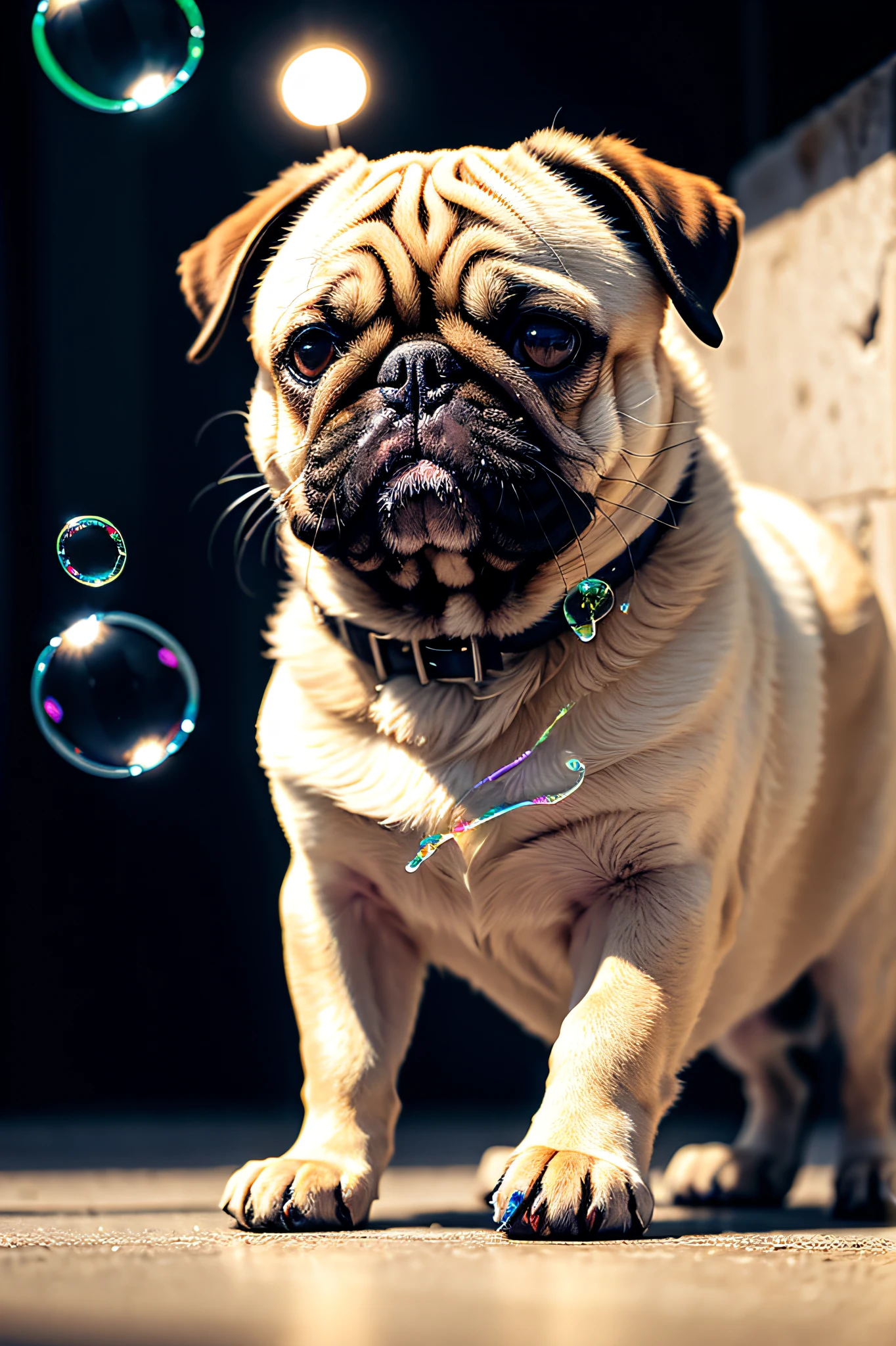 ((Cybernetic pug in portrait):1.3,standing in the forest:1.1, roupas de viajante, pele natural),(sharp shade of trees),(foto em 8k UHD, alta qualidade:1.2),(filmic grain:0.9),(Estilo Foto RAW da Fujifilm XT3:0.9)