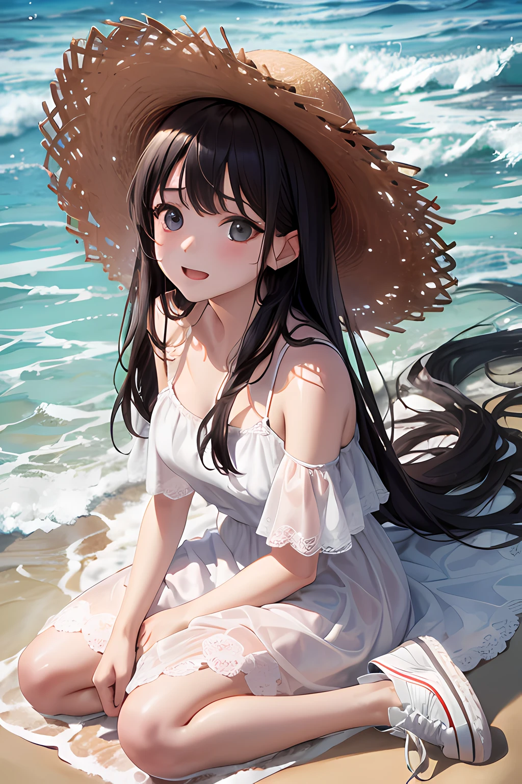 A masterpice、beste-Quality、16 K、Textured skin、One woman、put on the bottom、embarassed expression、Long Black Hair、Straw Hat Hat、White dress、White sneakers、shallow water、the sun、beach、Pulling Picture