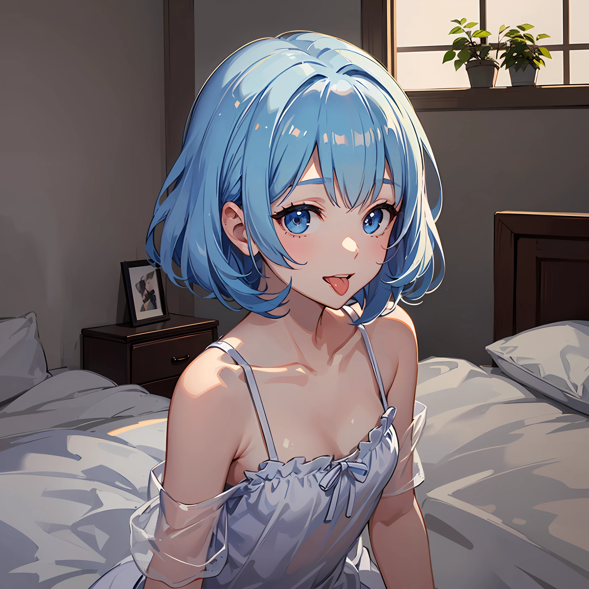 (((masterpeice)))、(((beste-Quality)))、Hi-Res、 The is standing、 (Cute One Girl)))、独奏、White Skin Skin、small tits、Eight-headed body、(light blue hair)、(((shorth hair)))、Bob Hair、 ((straight bangs))、Beautiful hair、blue eyed、Beautiful Eyes of Details、((out tongue))、a smile、heart mark、Nightwear、 耳环、White room、a bed、 (Morning)、 Shadow lighting、