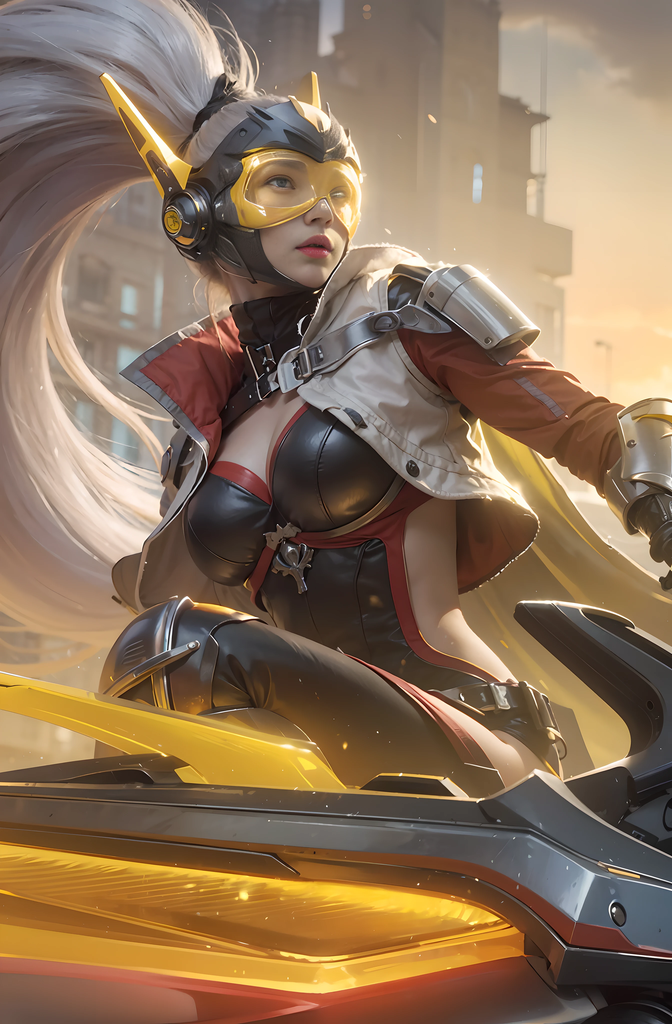 (female:1.2), 8k, ultra hd, ultra detailed texture, hyper realistic, masterpiece, detailed texture, detailed face, detailed skin, detailed lighting, (photorealistic:1.5), best quality, beautiful lighting, cinematic lighting, professional lighting, ultra highres, realistic, detailed hair, real hair, high quality, (realskin:1.5), extremely detailed, finely detail, ultra-detailed, 1girl, solo, squat (yellow eyes:1.5), lips, nose, closed mouth, make up, pretty, beautifull, cute face, wonderland, eye shadow, very long hair, high ponytails, white hair, iron hair tie, large breasts, breastplate, cleavage, thigh, pelvic curtain, shoulder armor, pauldrons, black cape, white jacket, collared jacket, long sleeves, black pants, headgear, knee armor, visor, ear protection, futuristic goggles, robotic goggles, forehead protector, weapon, glowing weapon, bow \(weapon\), miya \(mobile legends\), looking aways, amazing pose, white skin, skin tight, explosion, outdoors, blurry background, backlighting, building, sunset, facing side, robotic, iron gauntlets, futuristic, hand out of frame, fighting position