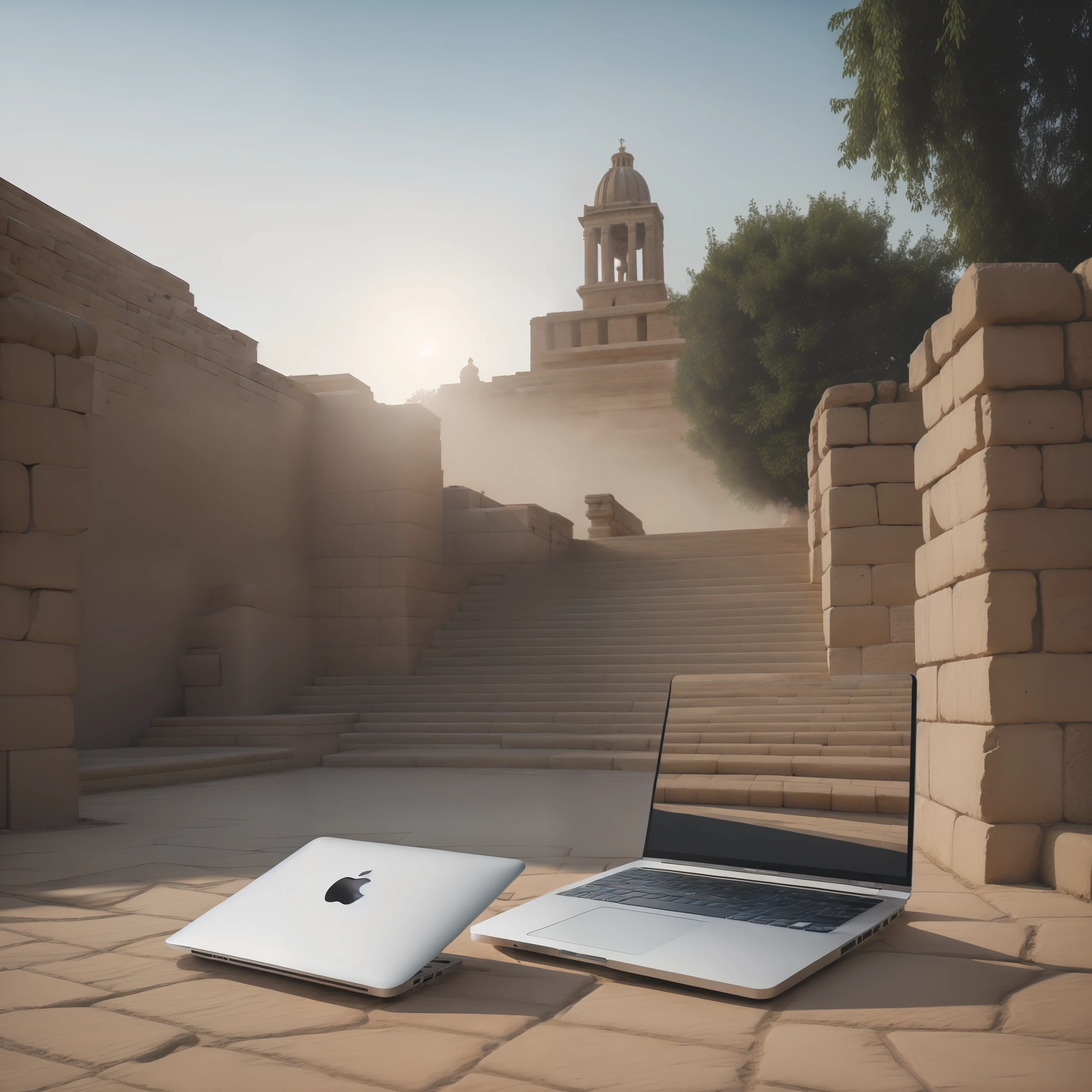 downward angle photo of a silver 2020 macbook pro laptop with the lid opened, sitting in the garden of babylon with historic roman buildings in the background, vintage film style photo, foggy sky