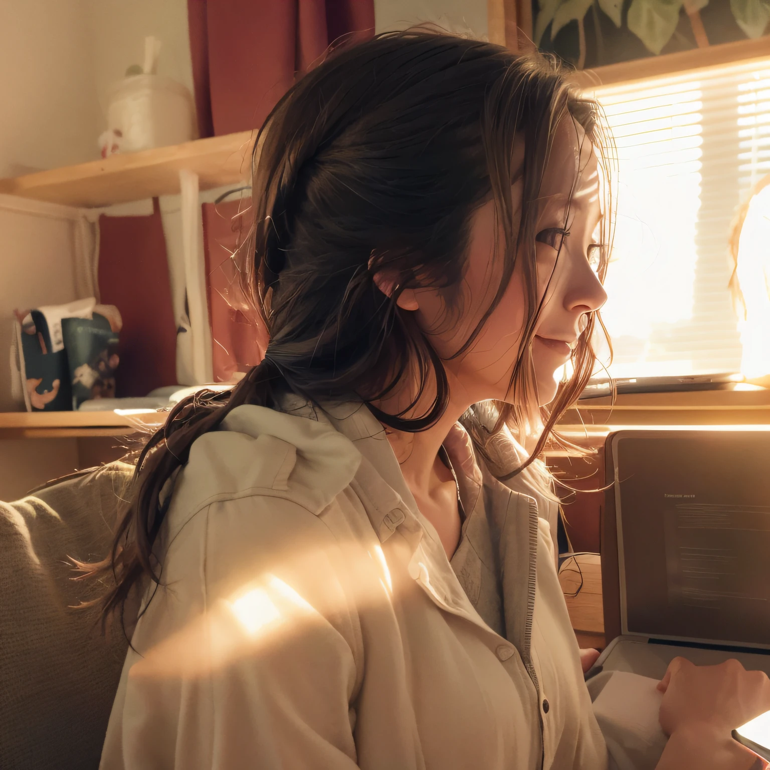 arafed woman sitting on a couch using a laptop computer, afternoon lighting, nice afternoon lighting, soft light from the side, chiho, with backlight, studyng in bedroom, afternoon sunlight, With long hair, with the sun shining on it, studying in a brightly lit room, shot on iphone, afternoon light, late afternoon lighting