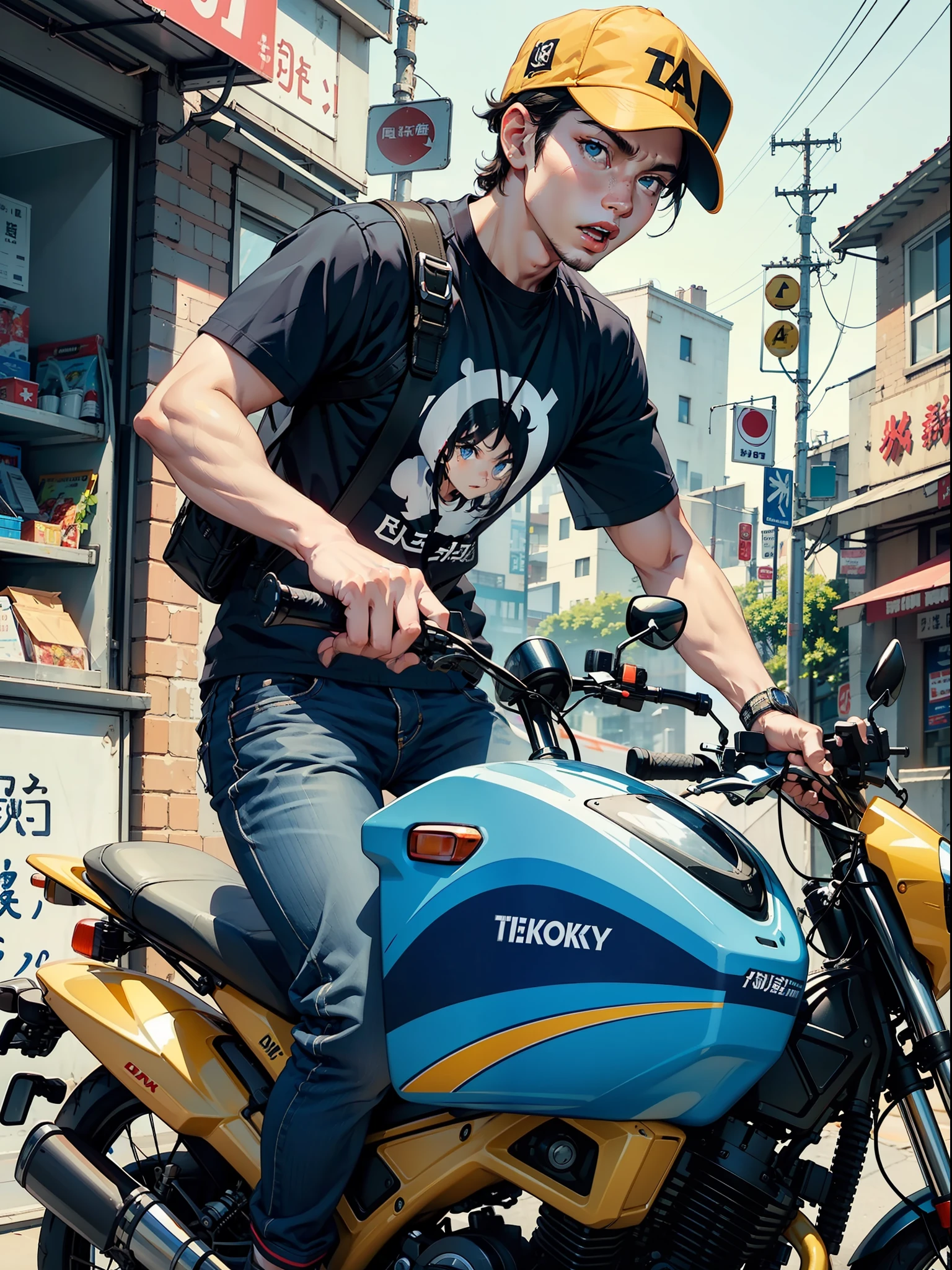 (A handsome delivery guy,solo,Black hair,Blue eyes,Yellow takeaway T-shirt,Black sleeve guards,)While riding a motorcycle,While loudly cursing customers who complained about themselves。