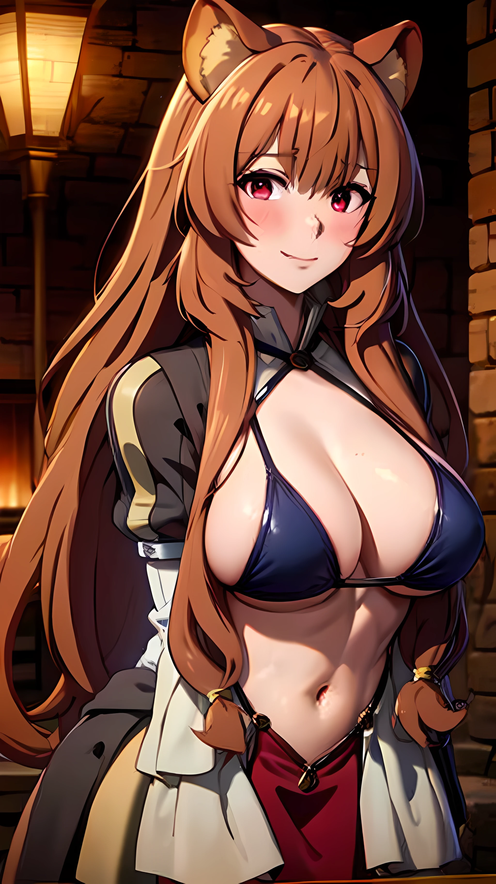 巨作, beste-Quality, Raphtalia, a 1girl, 独奏, Long Hair, Breast, looking at the spectator, big boob, Big hip, blush, a smile, auburn hair, red eyes, thights, long sleeves, gown, guarding, animal ears, Very long hair, closed mouth, bikini of, Raccoon tail, Raccoon Girl,